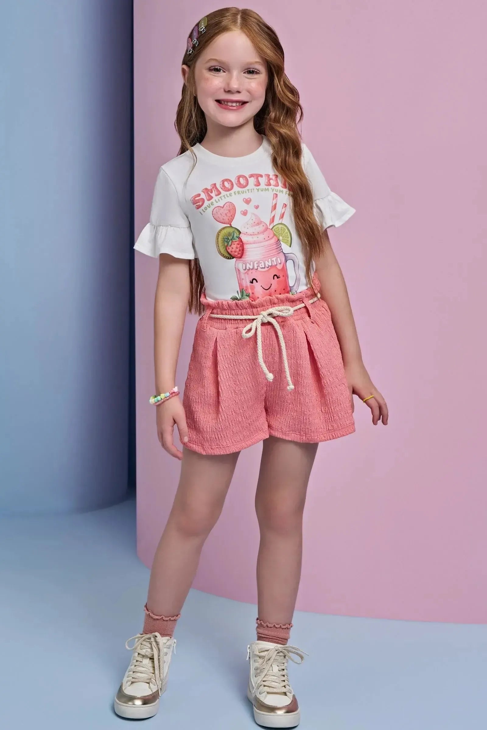 Conjunto de Blusa em Meia Malha e Shorts em Malha Enrugada 95551 Infanti Infantil Menina