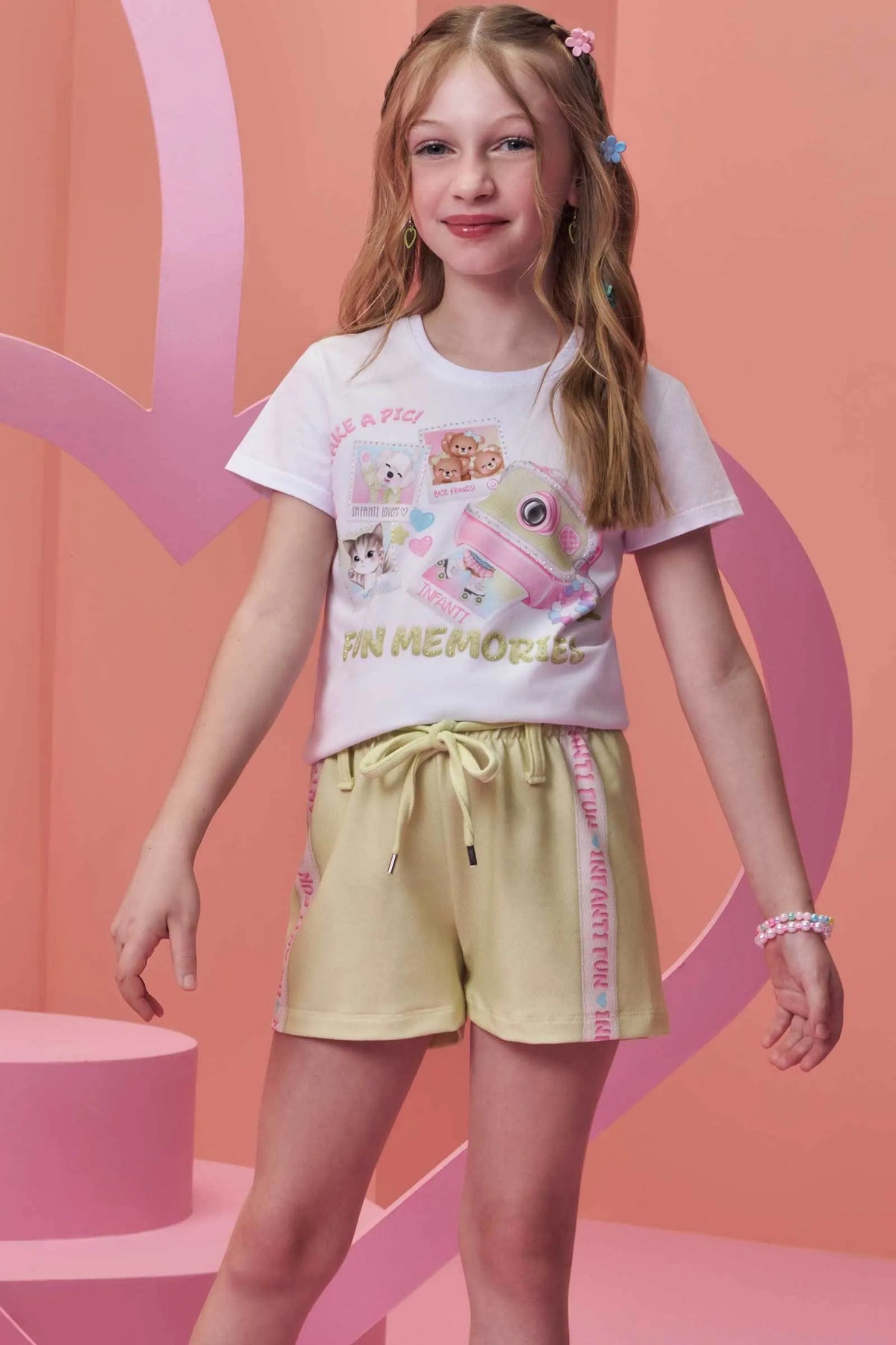 Conjunto de Blusa em Meia Malha e Shorts em Molecotton 99134 Infanti Infantil Menina
