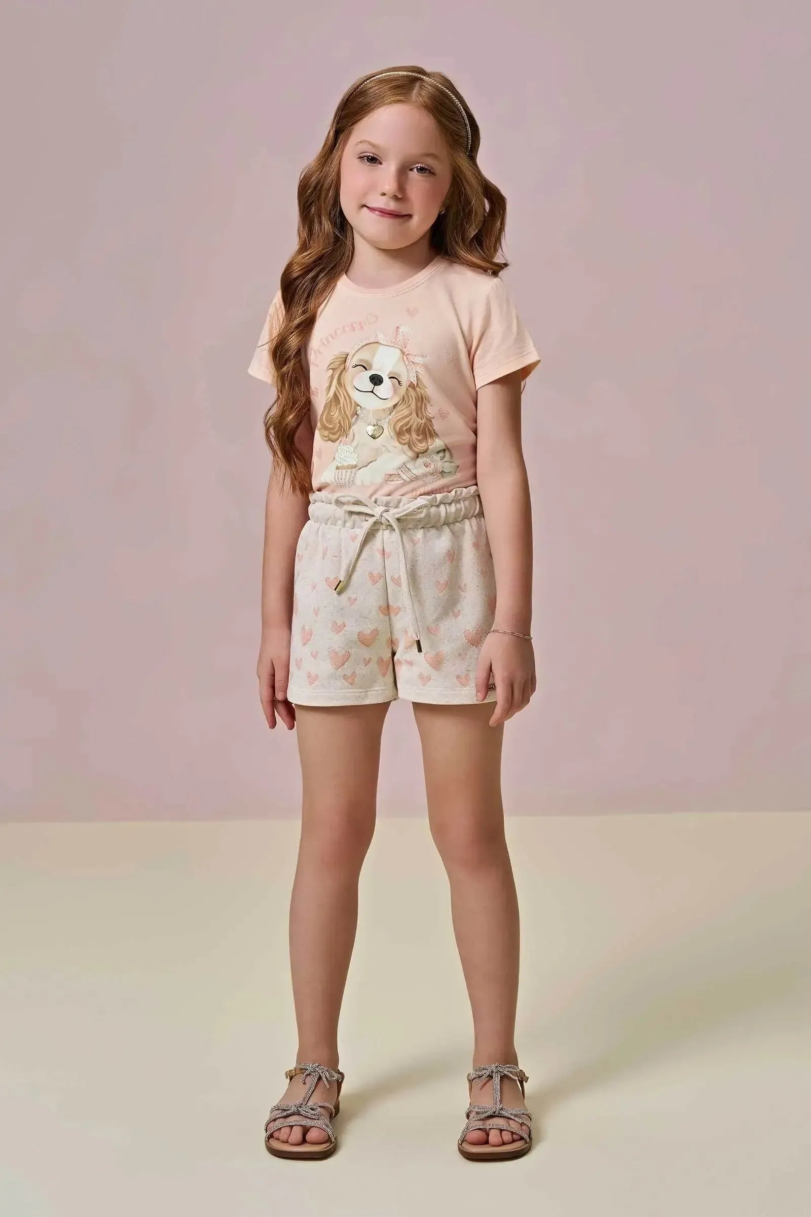 Conjunto de Blusa em Meia Malha e Shorts em Moletom Linho sem Pelúcia 96345 Infanti Infantil Menina