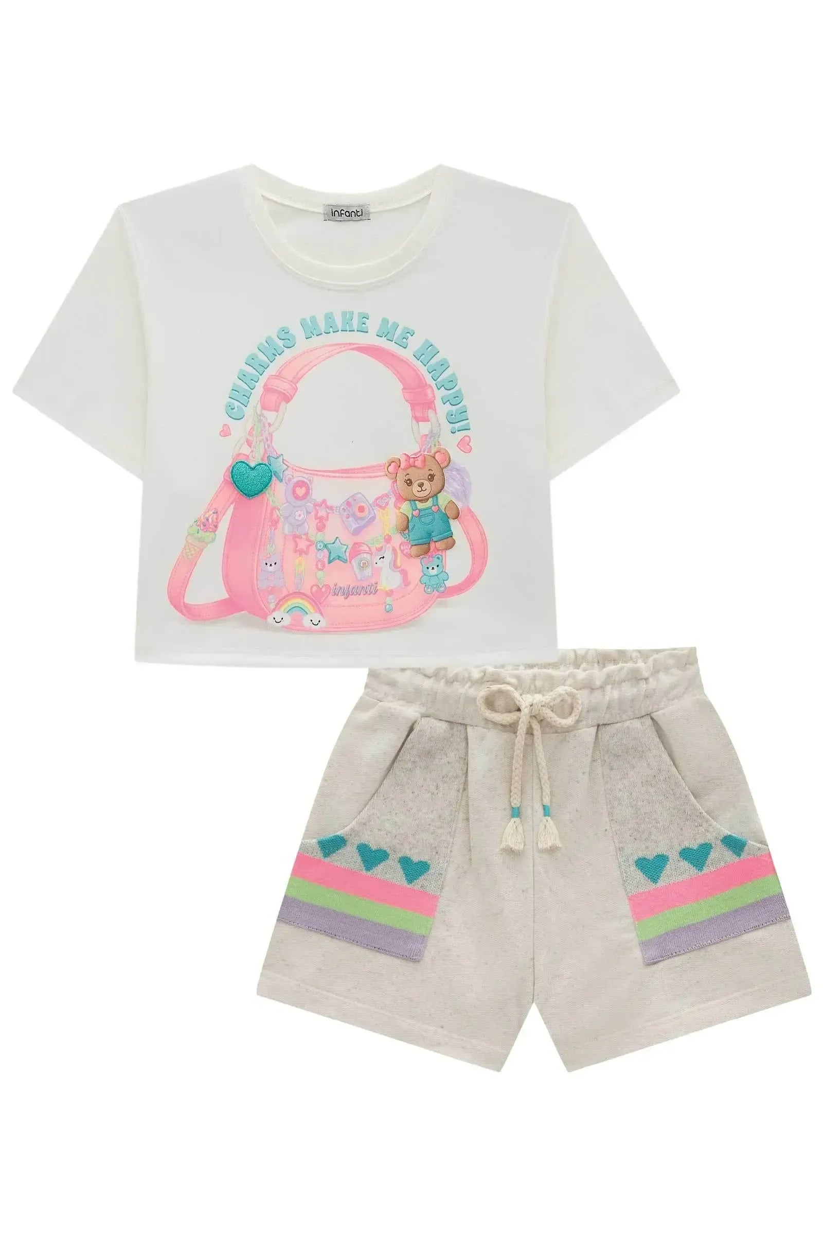 Conjunto de Blusa em Meia Malha e Shorts em Moletom Linho sem Pelúcia 96365 Infanti Infantil Menina