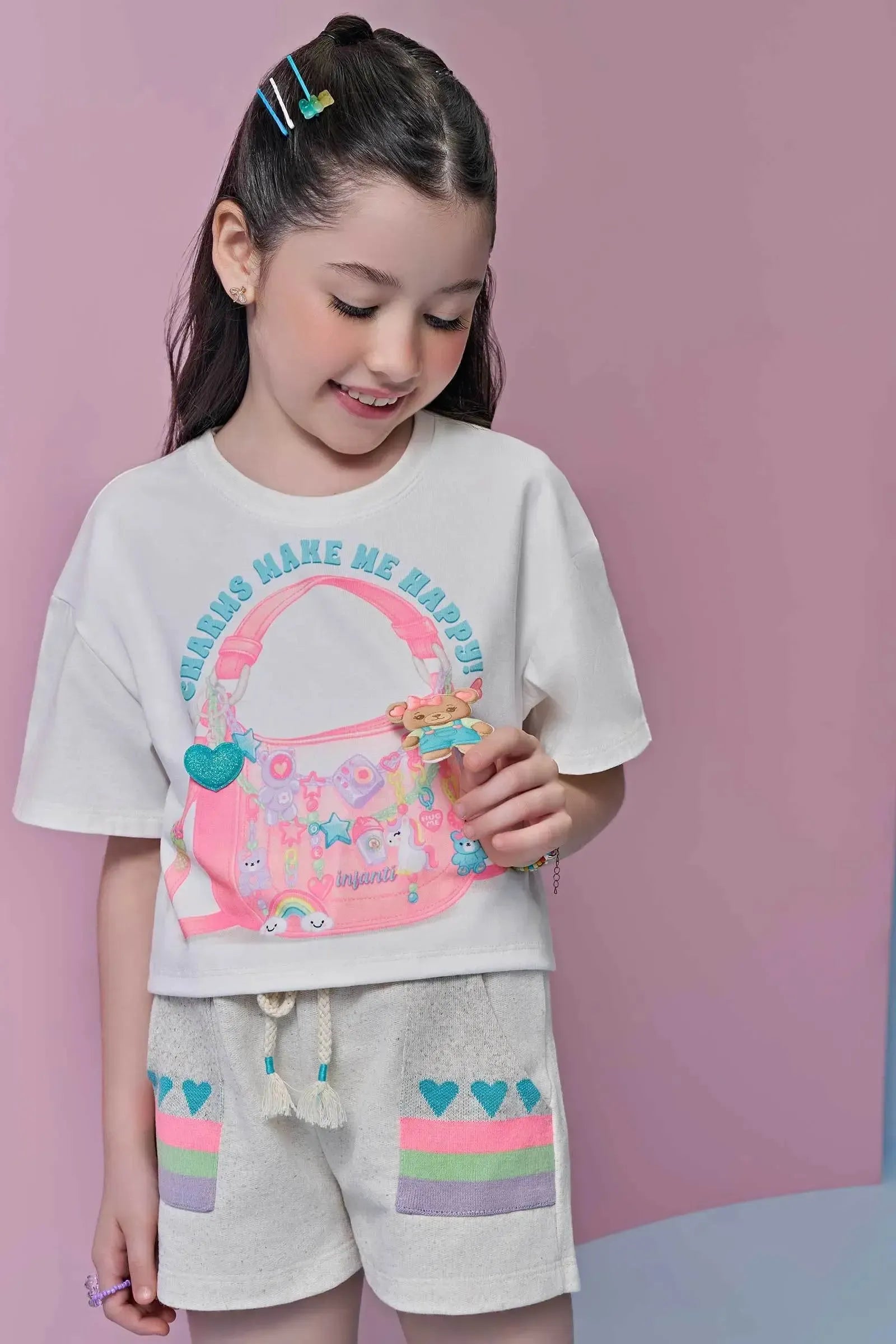 Conjunto de Blusa em Meia Malha e Shorts em Moletom Linho sem Pelúcia 96365 Infanti Infantil Menina