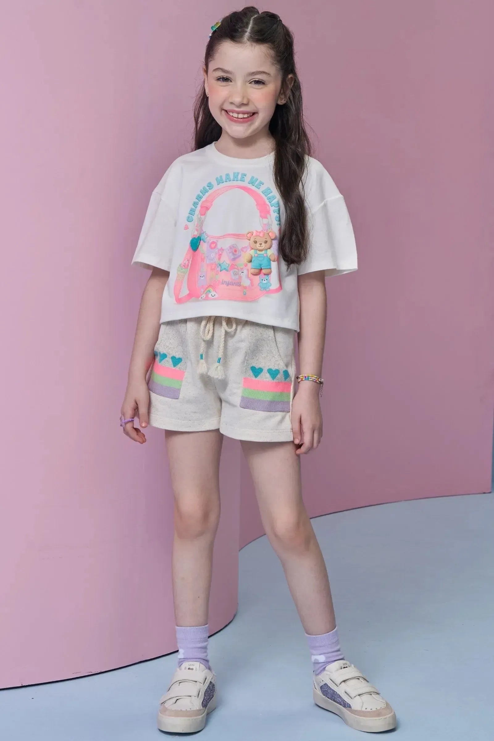 Conjunto de Blusa em Meia Malha e Shorts em Moletom Linho sem Pelúcia 96365 Infanti Infantil Menina