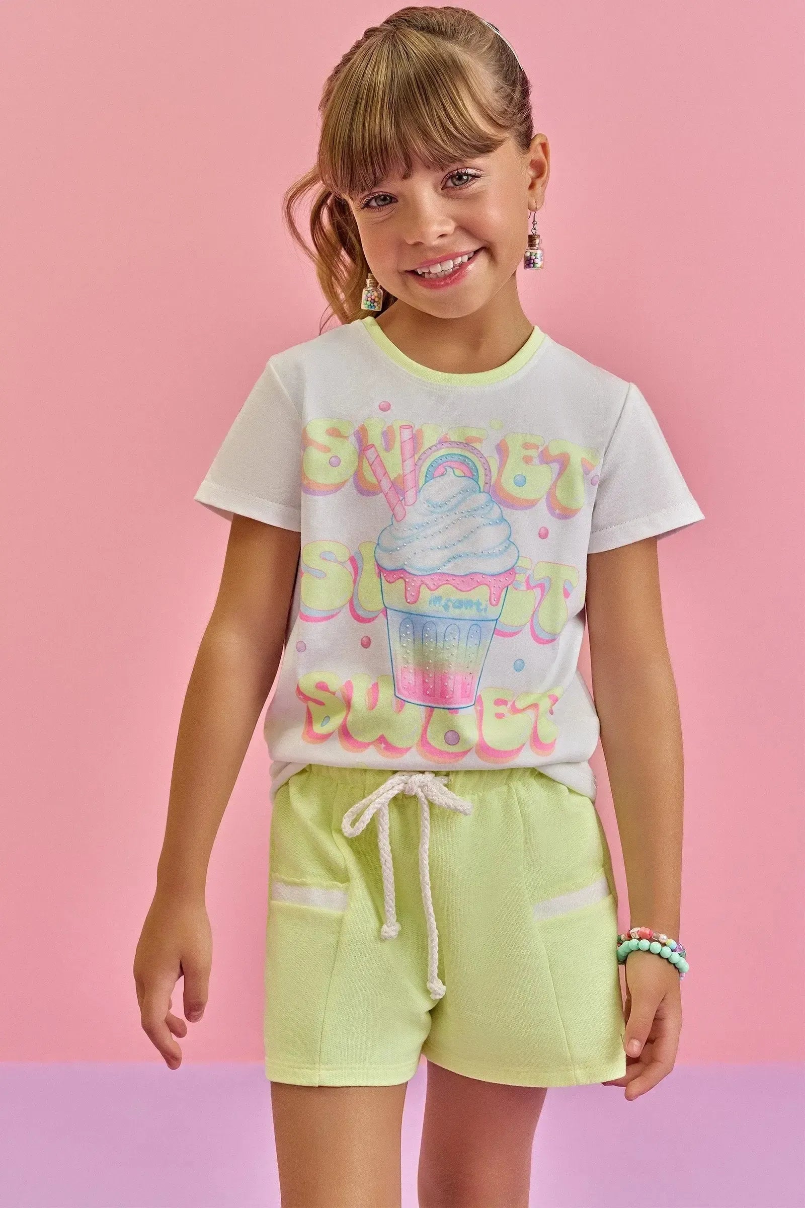 Conjunto de Blusa em Meia Malha e Shorts em Moletom sem Pelúcia 88809 Infanti Infantil Menina