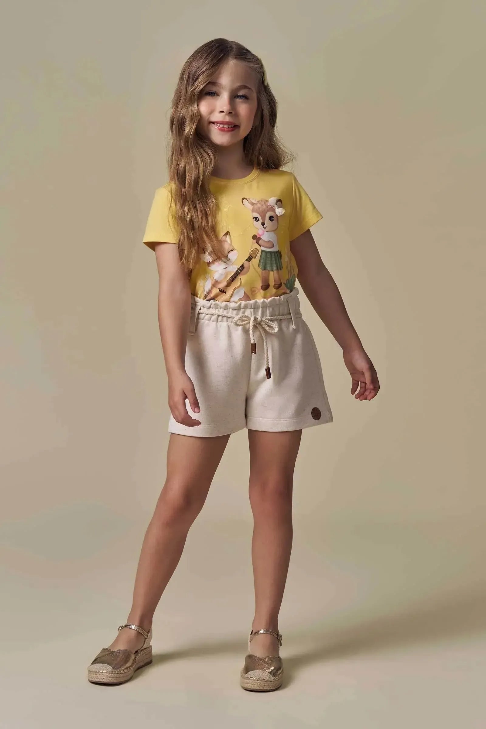 Conjunto de Blusa em Meia Malha e Shorts em Moletom sem Pelúcia 94932 Infanti Infantil Menina