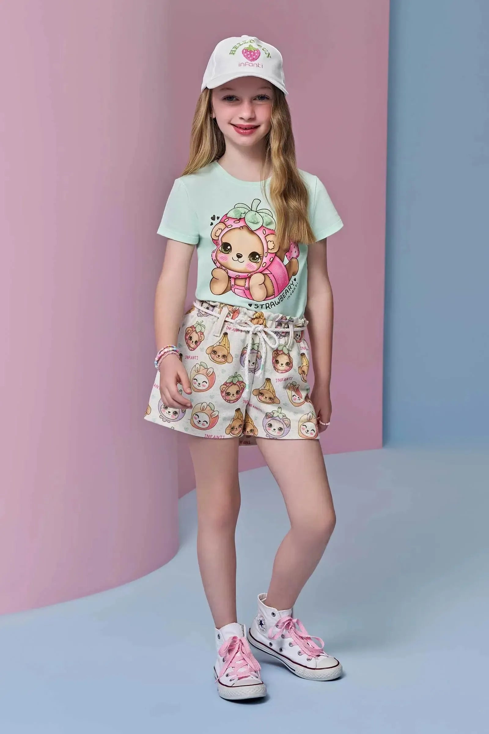 Conjunto de Blusa em Meia Malha e Shorts em Moletom sem Pelúcia 95370 Infanti Infantil Menina