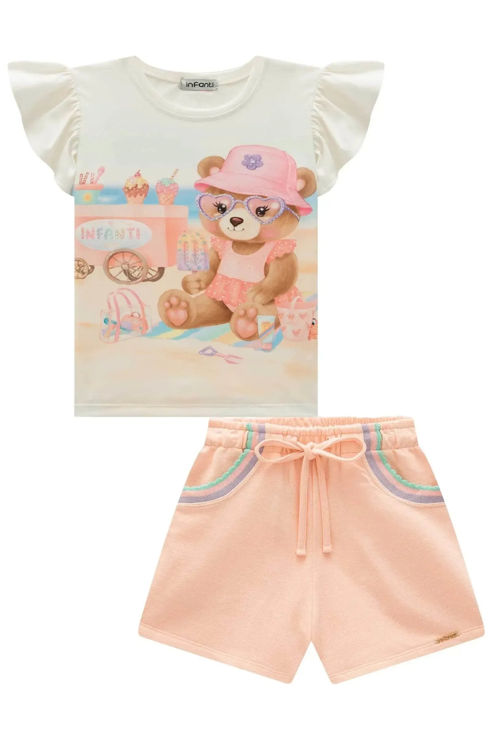 Conjunto de Blusa em Meia Malha e Shorts em Moletom sem Pelúcia 95412 Infanti Infantil Menina