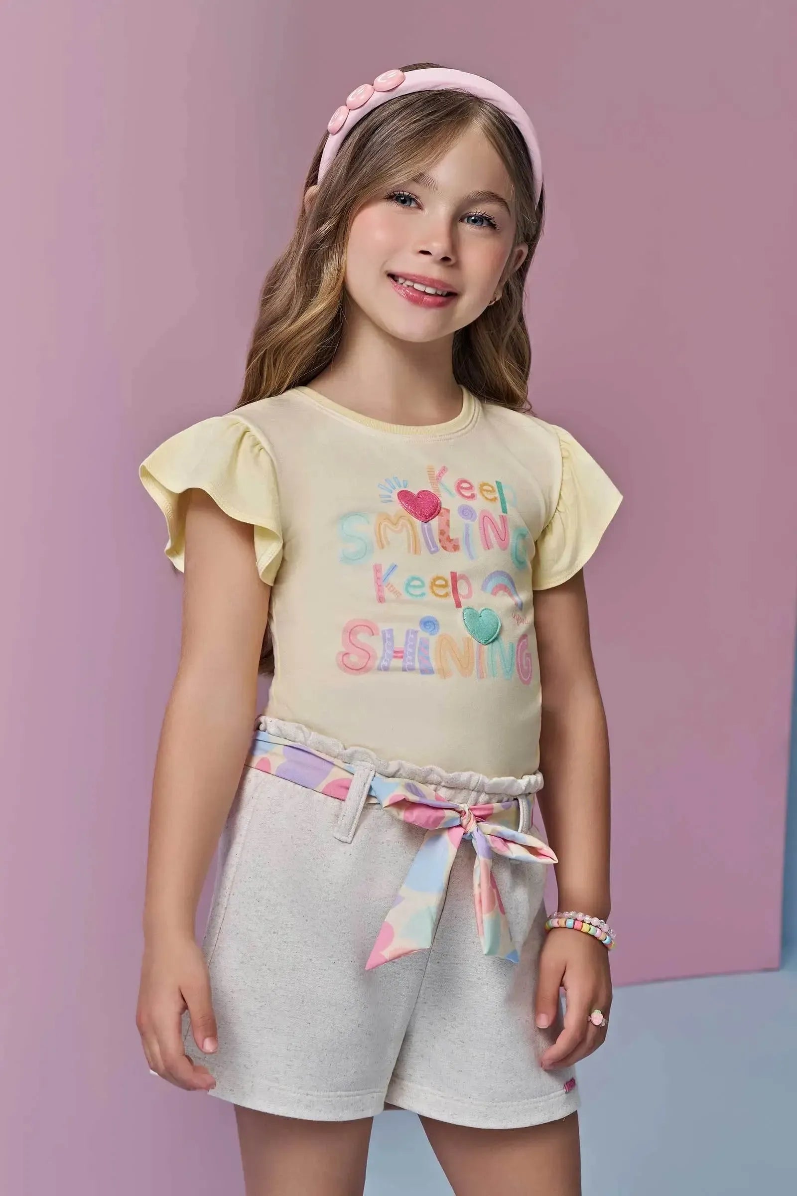 Conjunto de Blusa em Meia Malha e Shorts em Moletom sem Pelúcia 95425 Infanti Infantil Menina