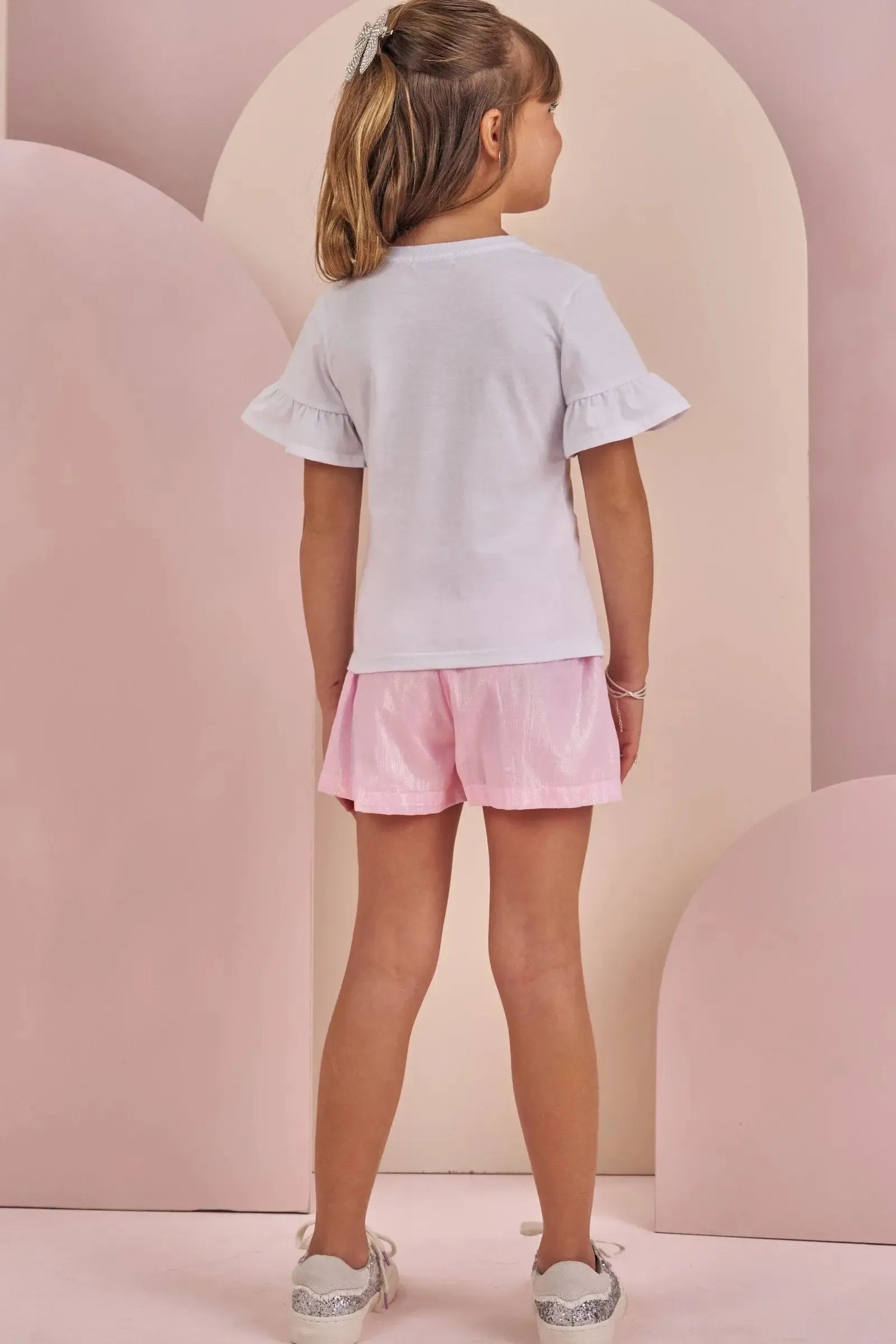 Conjunto de Blusa em Meia Malha e Shorts em Tecido Brilho Holográfico 87414 Infanti Infantil Menina