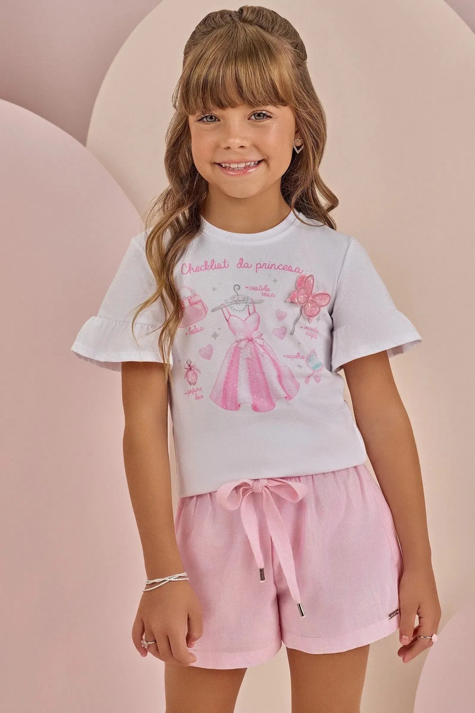Conjunto de Blusa em Meia Malha e Shorts em Tecido Brilho Holográfico 87414 Infanti Infantil Menina