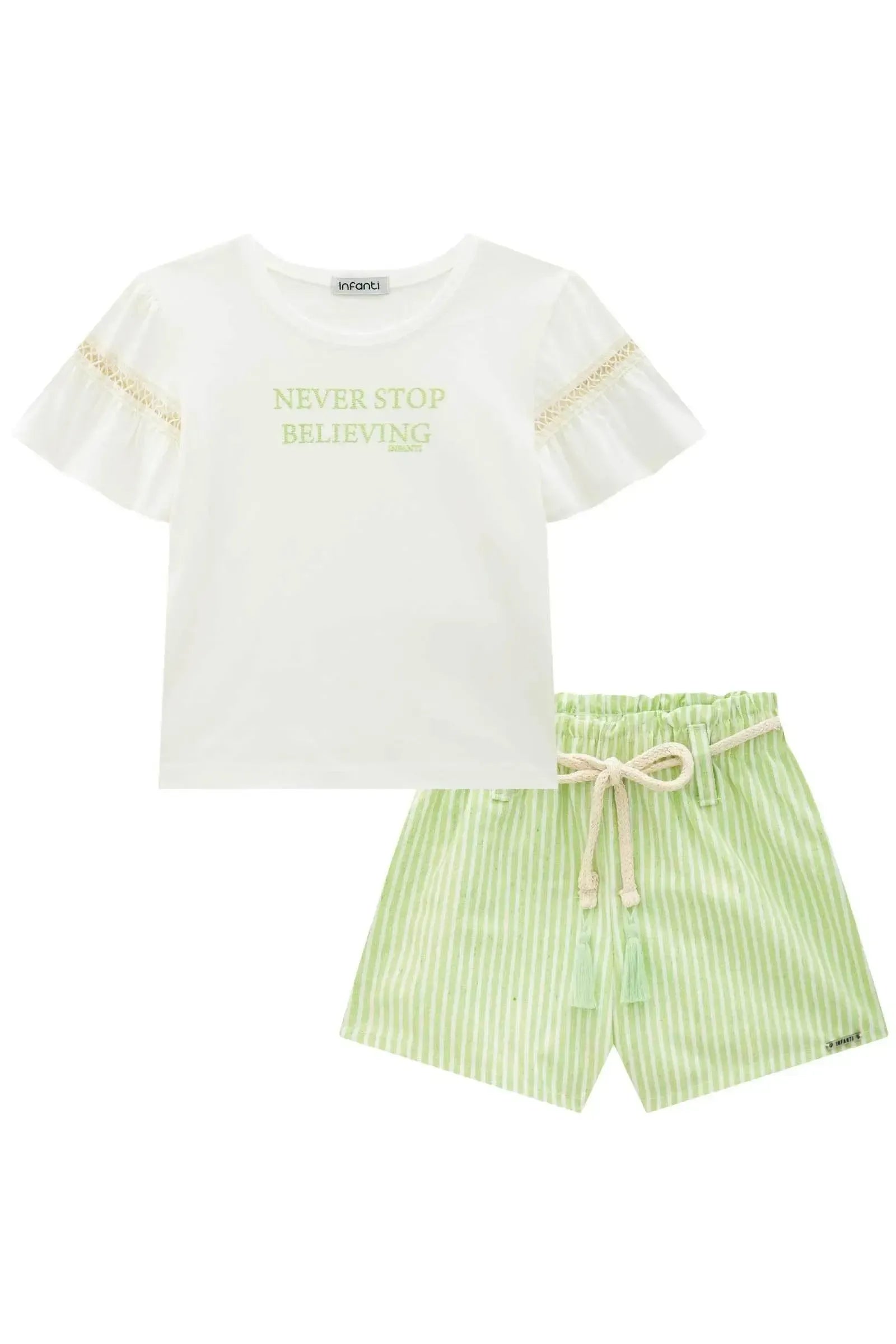 Conjunto de Blusa em Meia Malha e Shorts em Tecido Listrado 88151 Infanti Infantil Menina