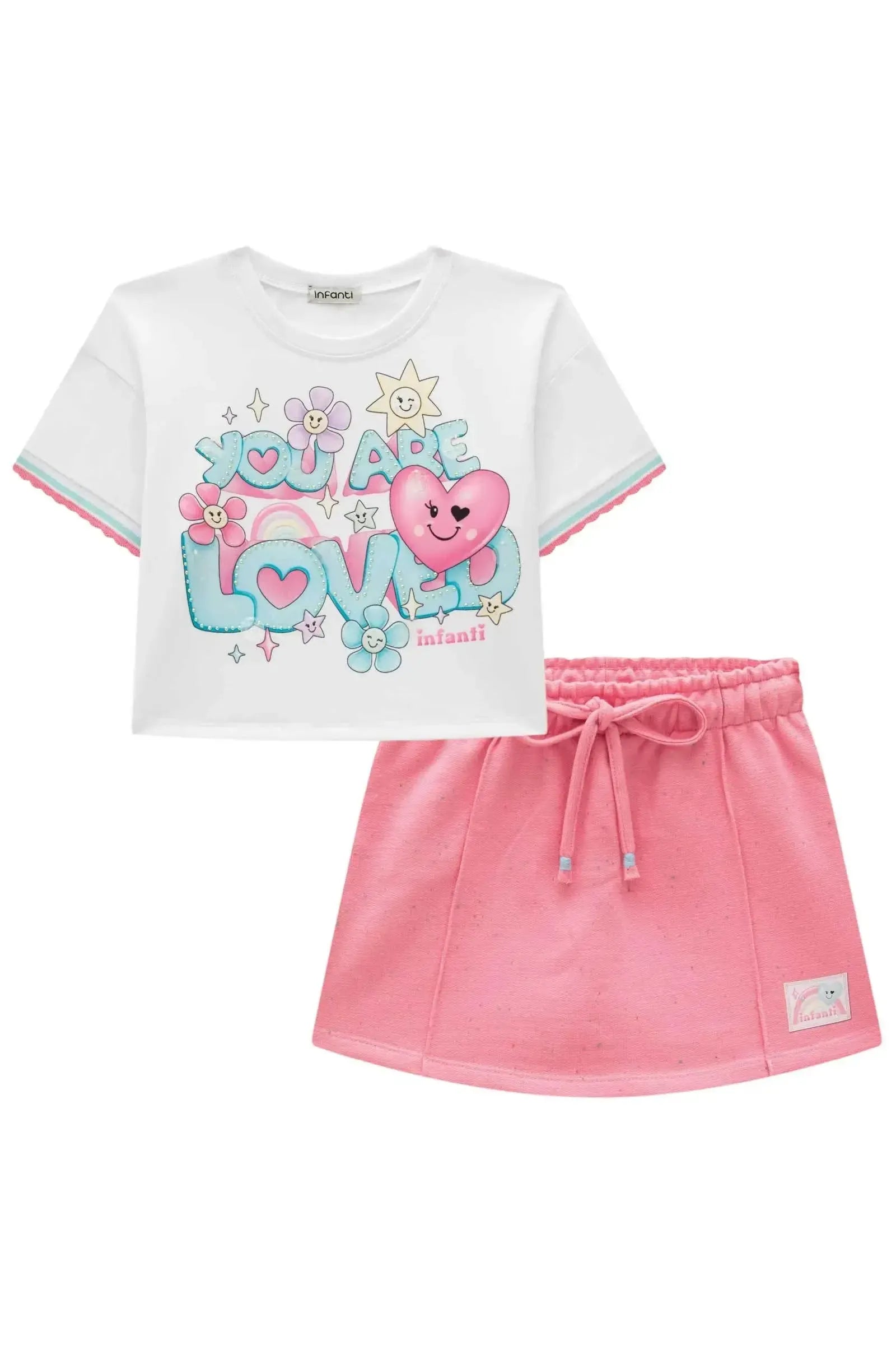 Conjunto de Blusa em Meia Malha e Shorts Saia em Moletom Botonê sem Pelúcia 95685 Infanti Infantil Menina