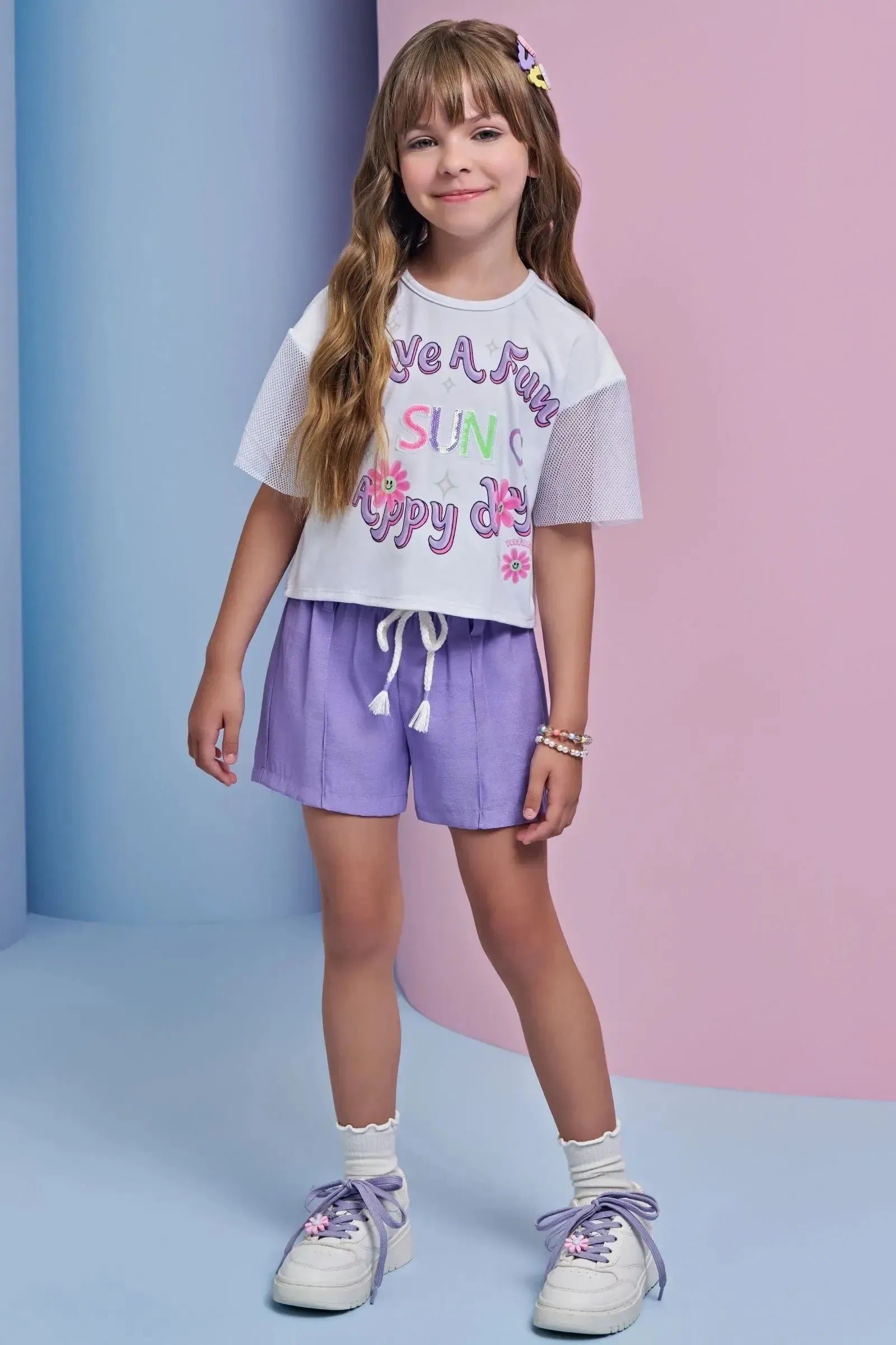 Conjunto de Blusa em Meia Malha e Tela e Shorts em Blend de Viscose 93215 Infanti Infantil Menina
