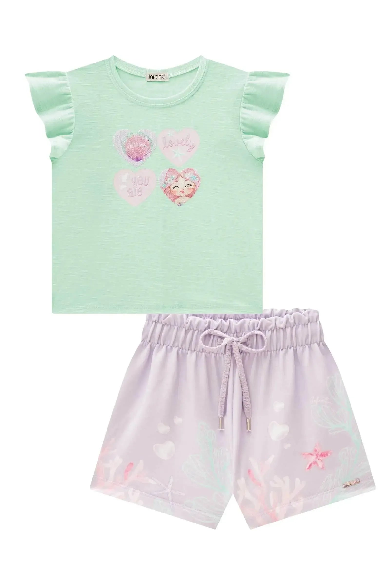 Conjunto de Blusa em Meia Malha Flamê e Shorts em Molecotton 88837 Infanti Infantil Menina