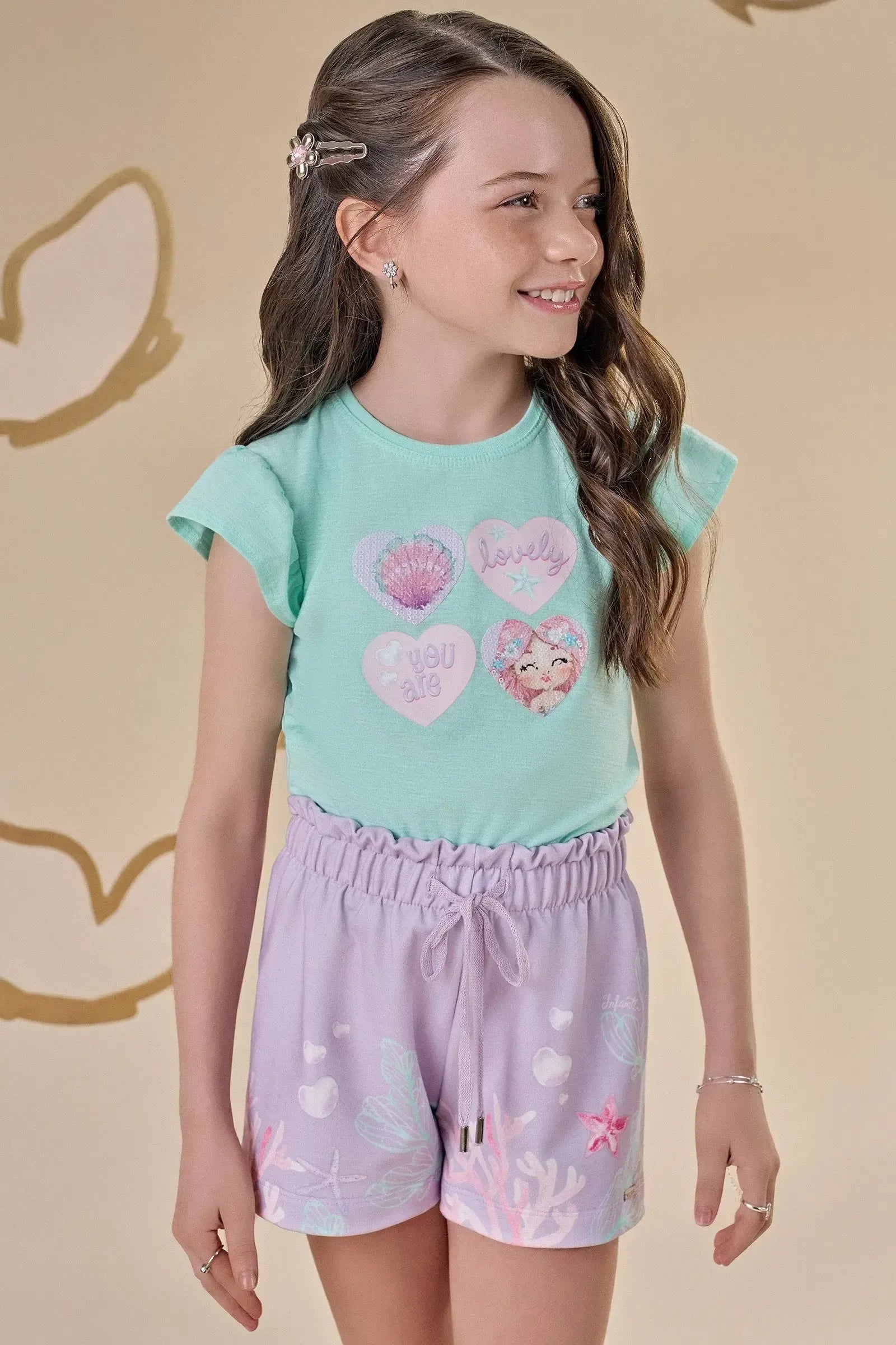 Conjunto de Blusa em Meia Malha Flamê e Shorts em Molecotton 88837 Infanti Infantil Menina