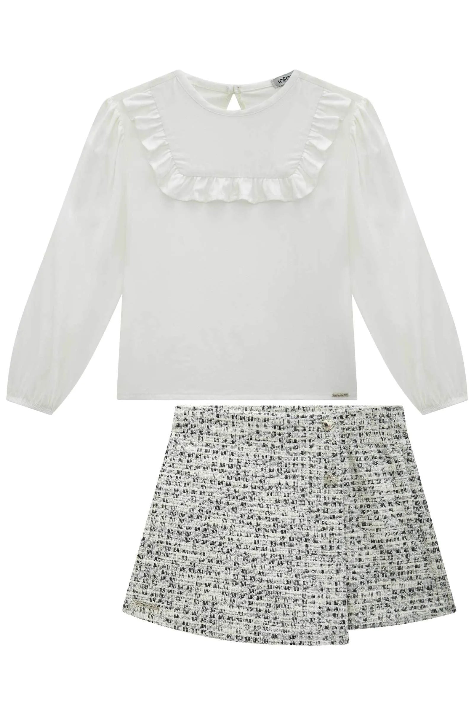 Conjunto de Blusa em Viscose Sarjada e Short Saia em Malha Tweed 90748 Infanti Infantil Menina