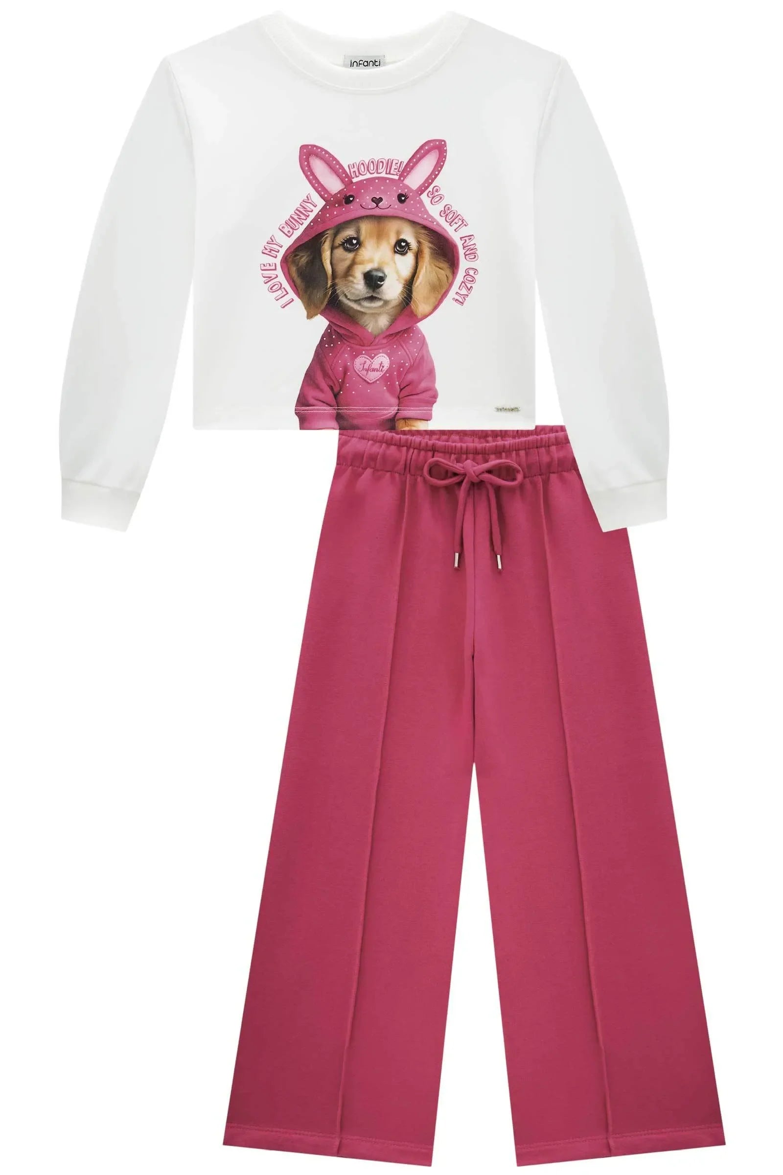 Conjunto de Blusão Boxy em Molecotton e Calça Wide Leg em Moletom sem Pelúcia 92138 Infanti Infantil Menina