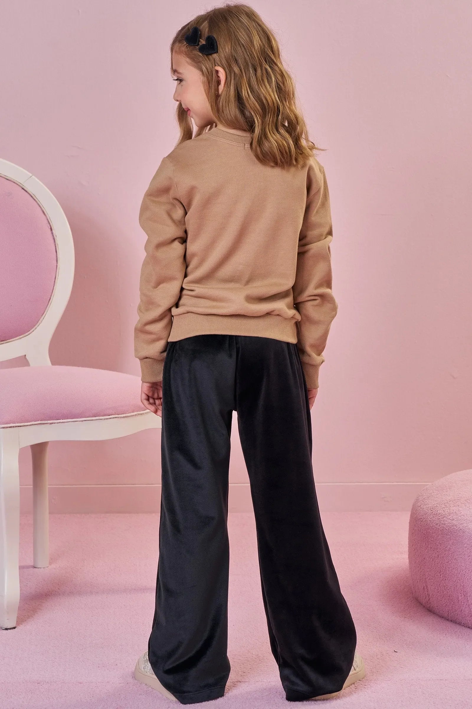 Conjunto de Blusão Boxy em Moletom com Pelúcia e Calça Wide Leg em Veludo com Elastano 92587 Infanti Infantil Menina