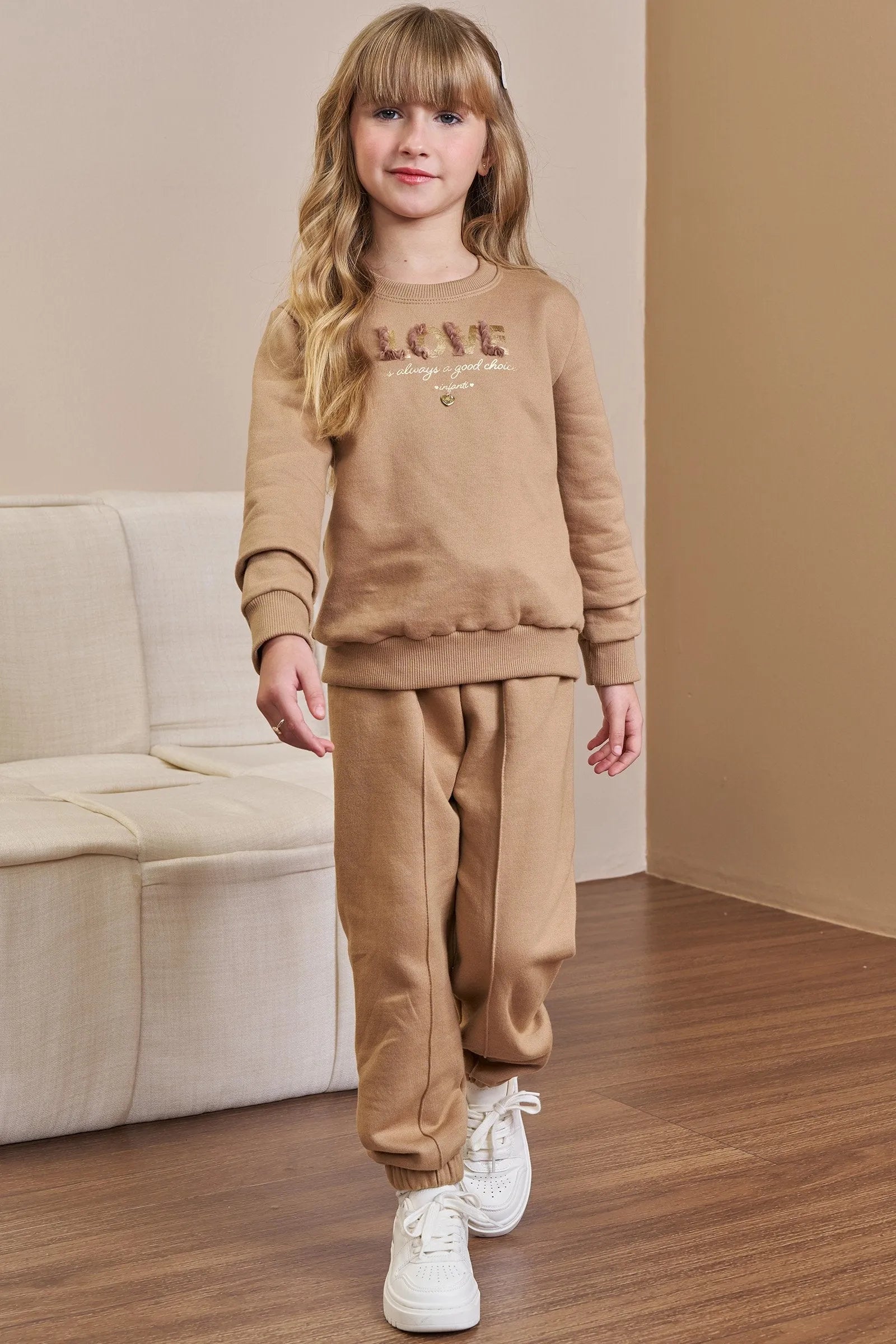 Conjunto de Blusão e Calça Jogger em Moletom com Pelúcia 91944 Infanti Infantil Menina