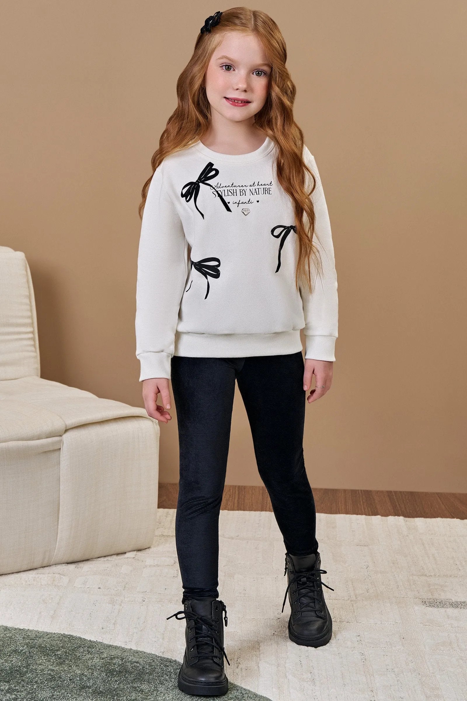 Conjunto de Blusão em Moletom com Pelúcia e Calça Legging em Malha Cotelê 90797 Infanti Infantil Menina