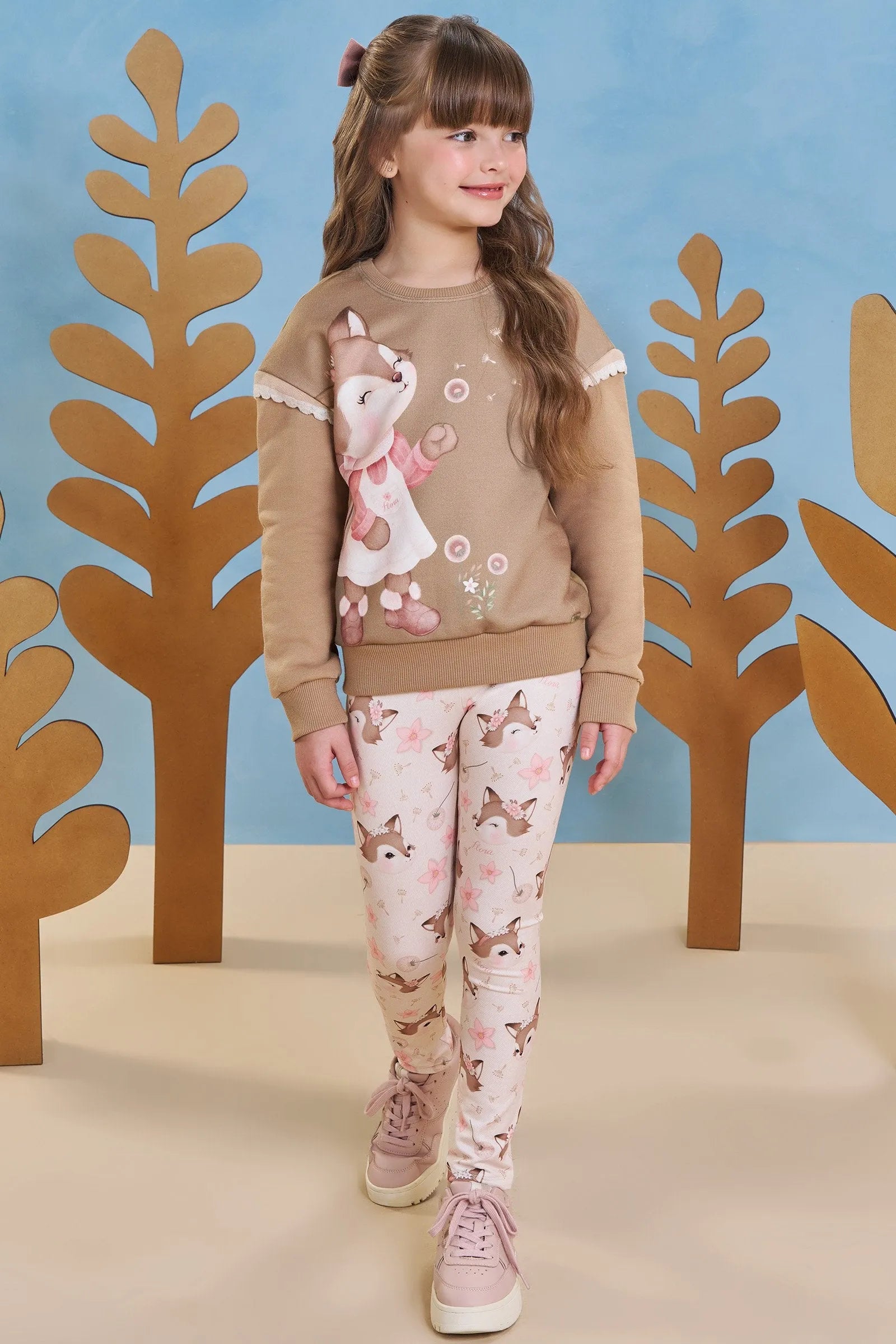 Conjunto de Blusão em Moletom com Pelúcia e Calça Legging em Termoskin Peluciado 89181 Infanti Infantil Menina