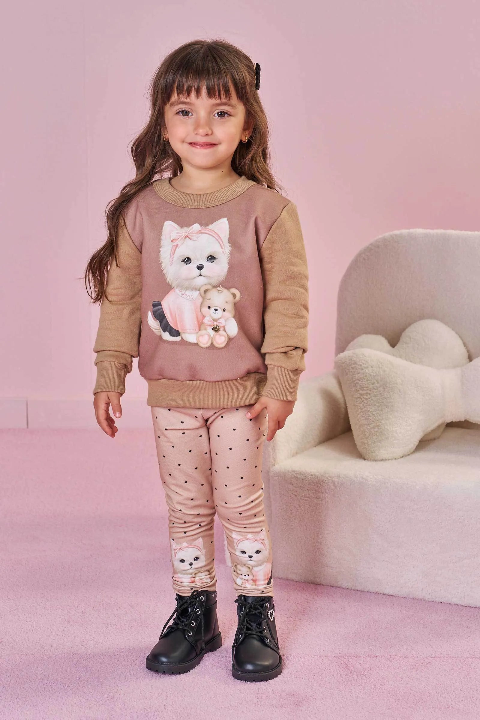 Conjunto de Blusão em Moletom com Pelúcia e Calça Legging em Termoskin Peluciado 91800 Infanti Bebê Menina