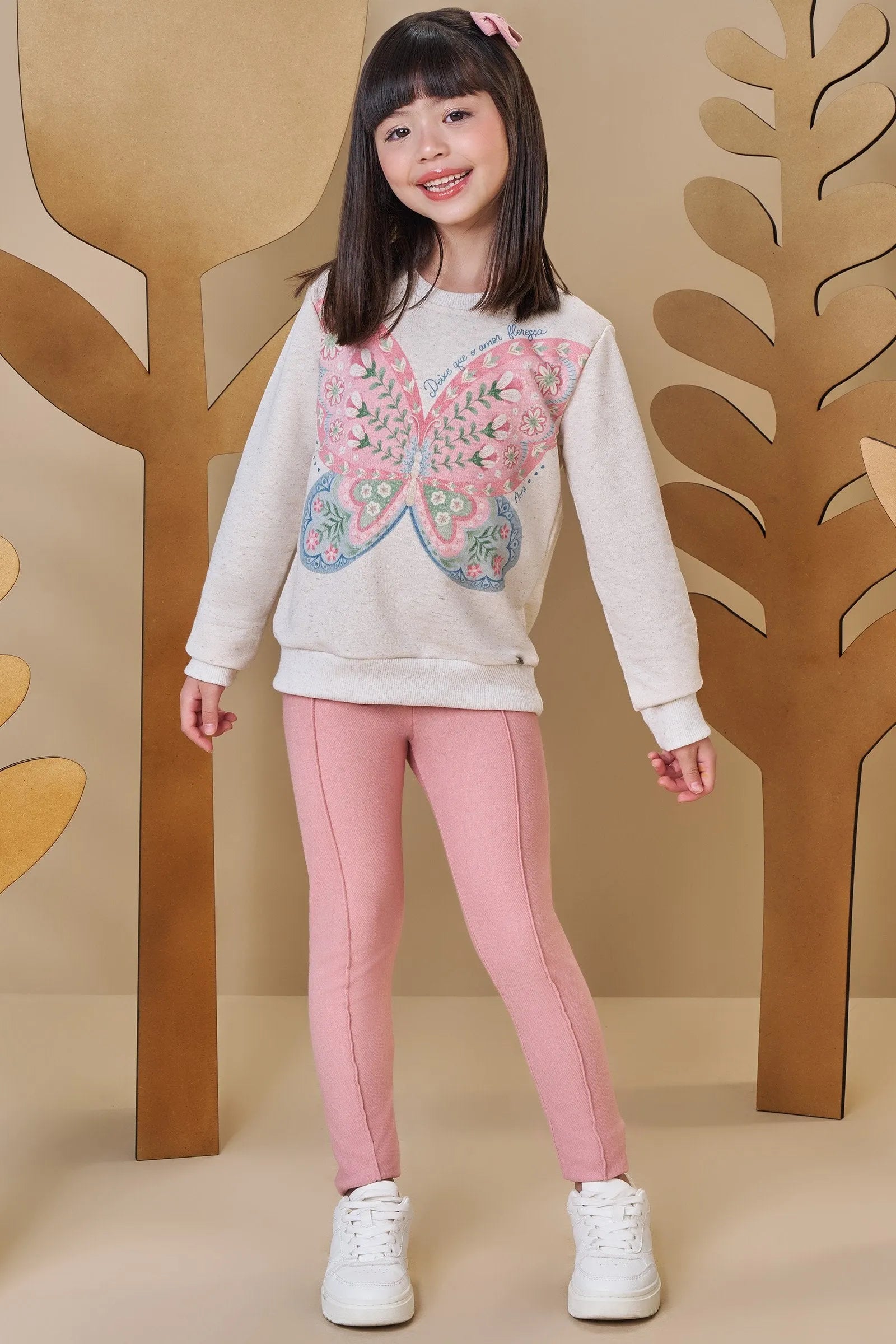 Conjunto de Blusão em Moletom Linho sem Pelúcia com Calça Legging em Molecotton 89622 Infanti Infantil Menina