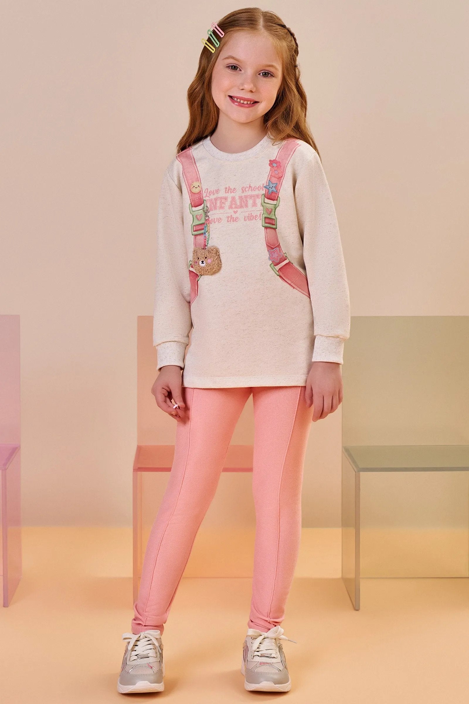 Conjunto de Blusão em Moletom Linho sem Pelúcia e Calça Legging em Moletwill 91808 Infanti Infantil Menina