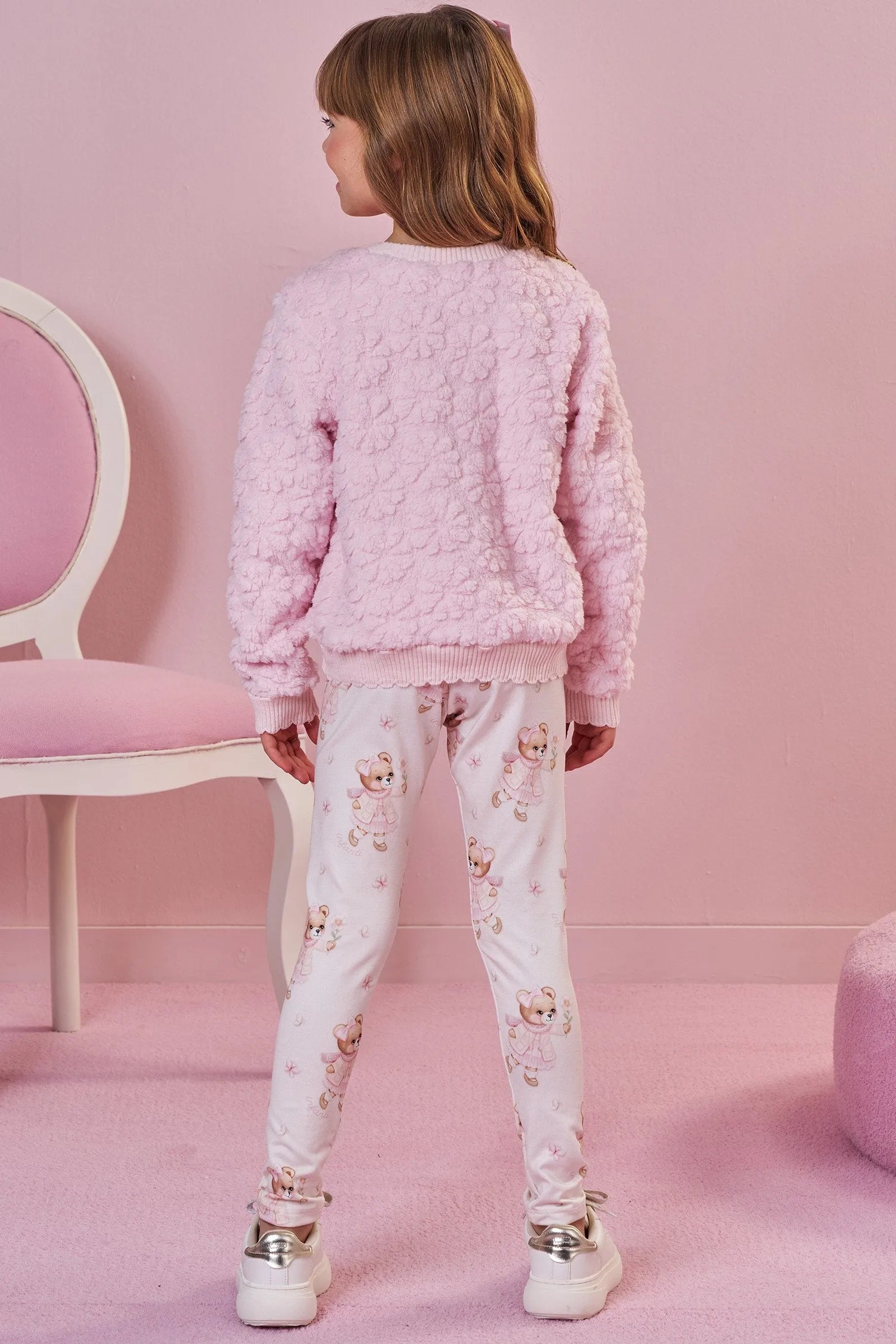 Conjunto de Blusão em Pelo Flores e Calça Legging em Termoskin Peluciado 92143 Infanti Infantil Menina