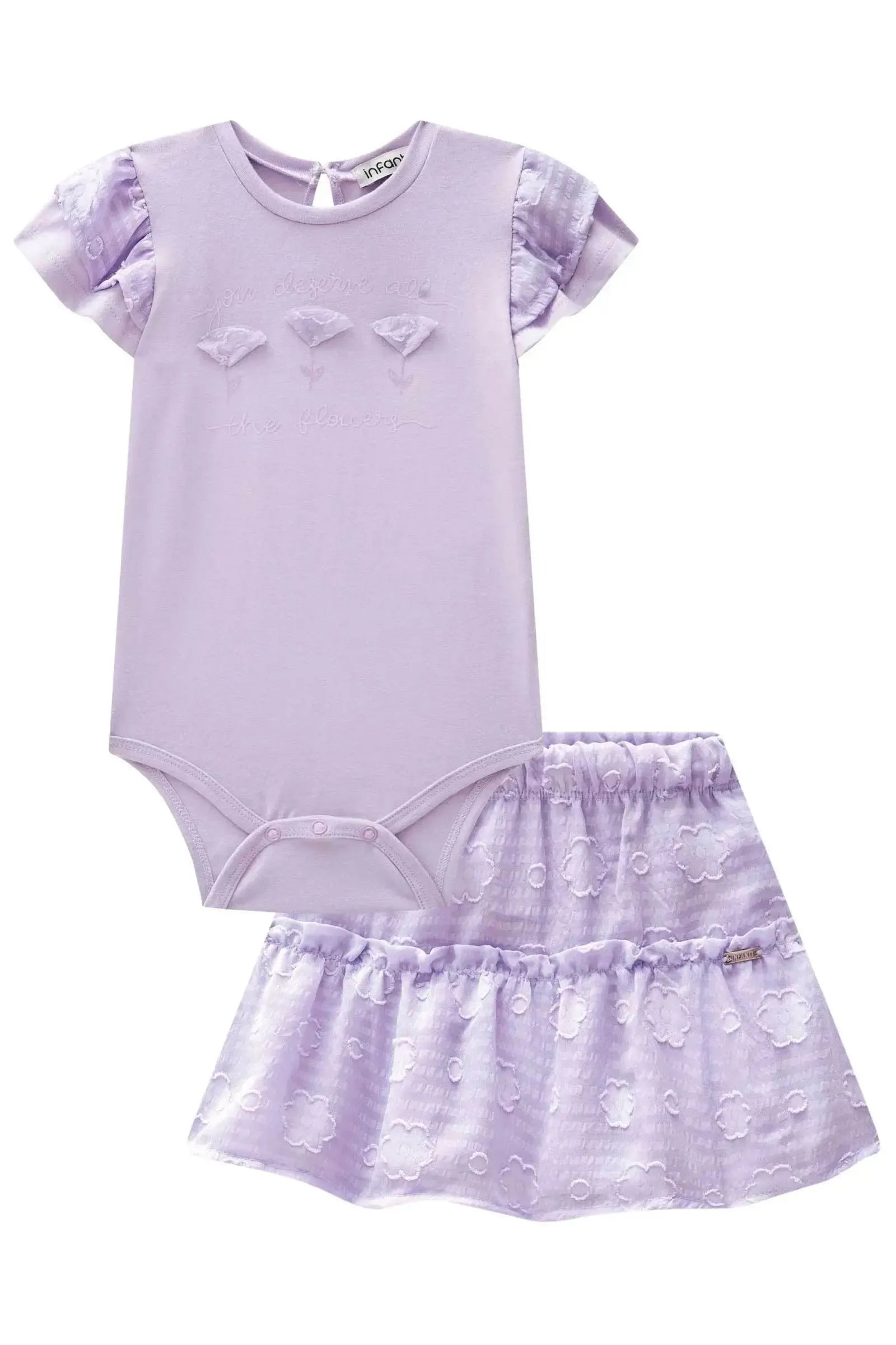 Conjunto de Body em Cotton com Saia em Chiffon Flores 83957 Infanti Bebê Menina