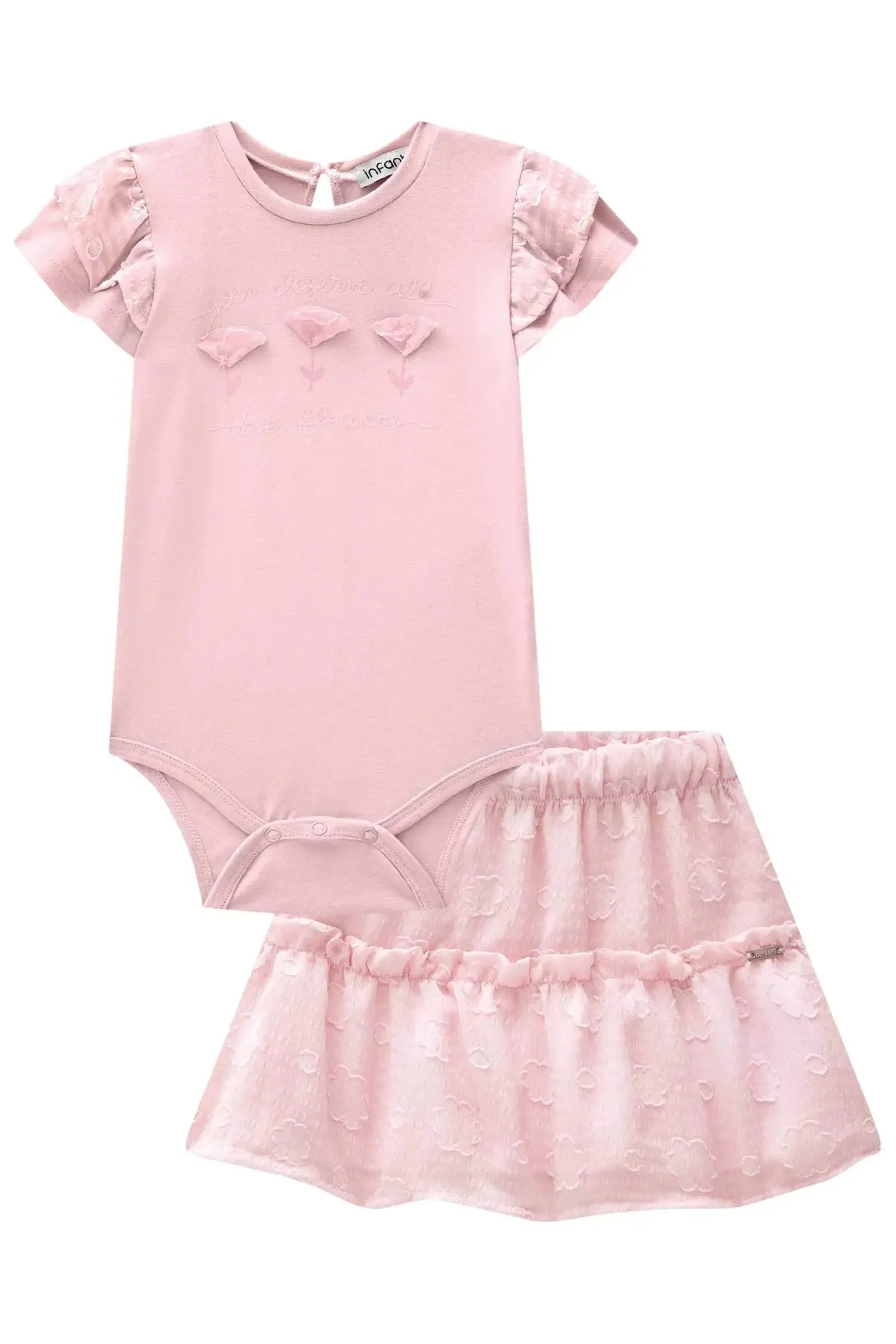 Conjunto de Body em Cotton com Saia em Chiffon Flores 83957 Infanti Bebê Menina