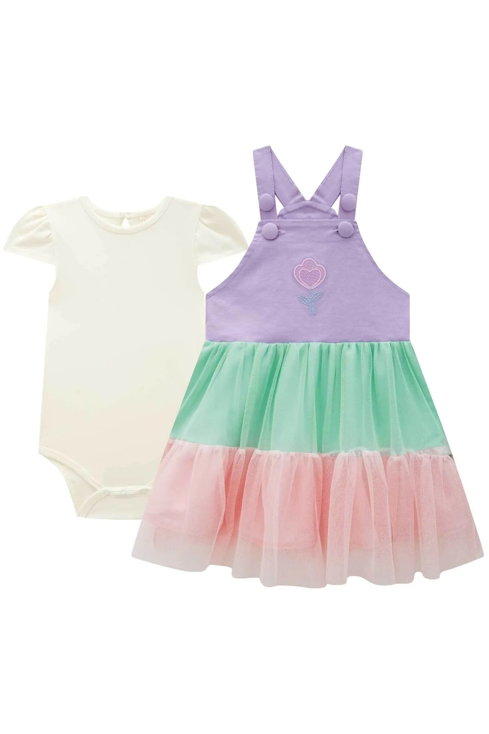 Conjunto de Body em Cotton com Salopete em Moletom sem Pelúcia e Tule 83641 Infanti Bebê Menina