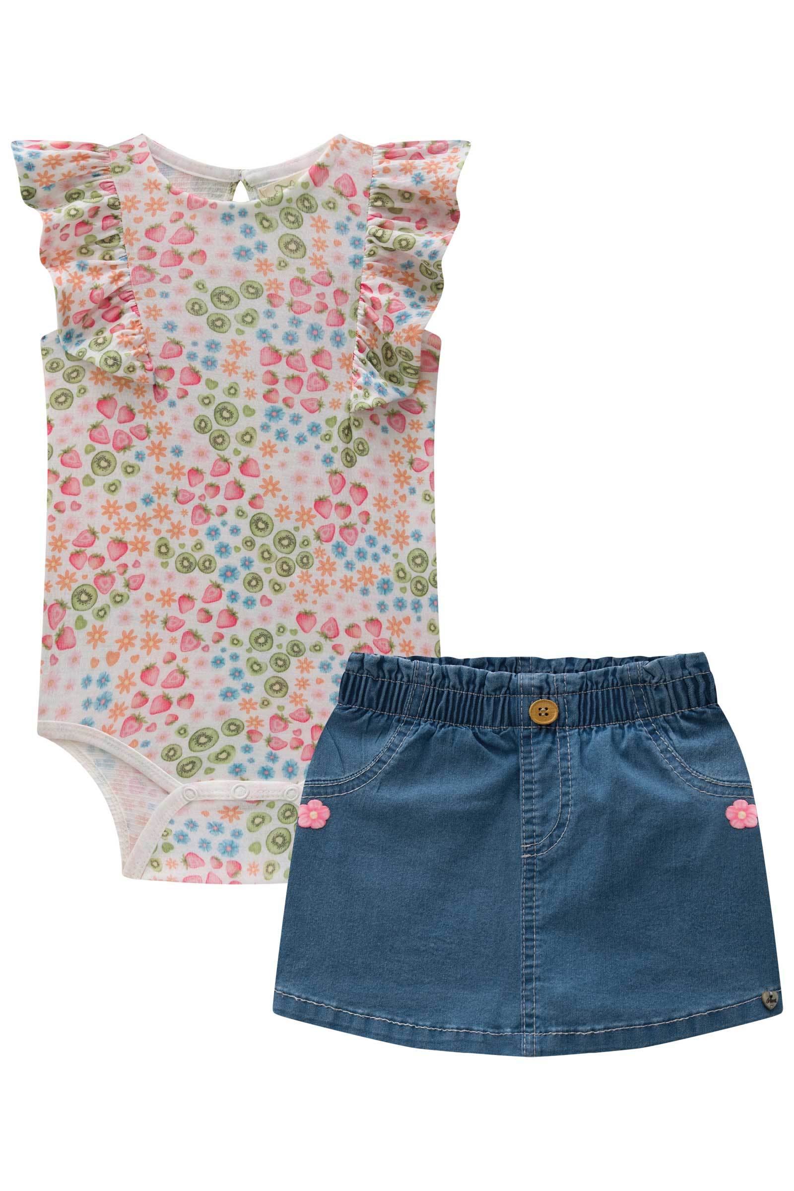 Conjunto de Body em Malha Wave com Short Saia em Jeans Liz com Elastano 74743 Infanti