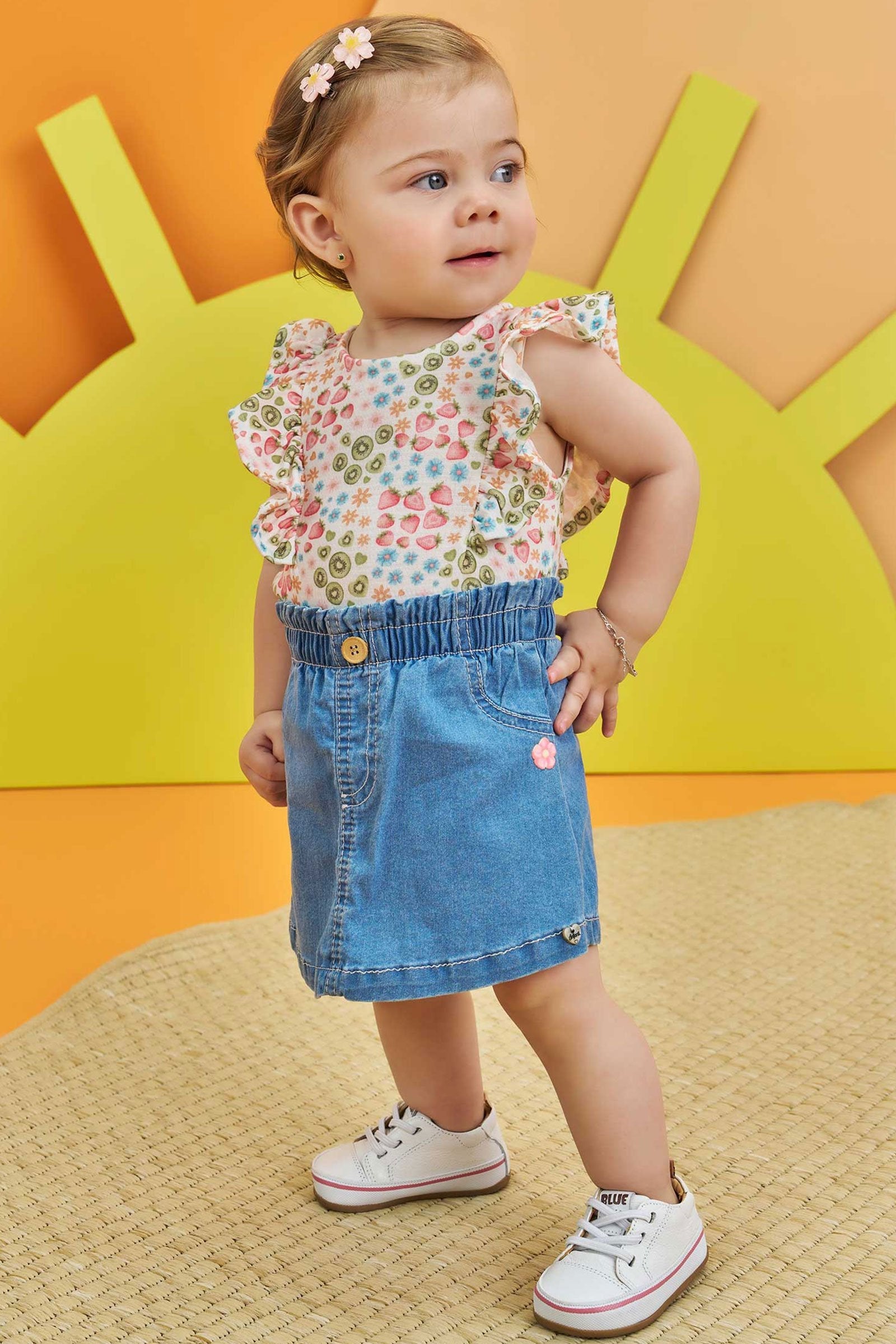 Conjunto de Body em Malha Wave com Short Saia em Jeans Liz com Elastano 74743 Infanti