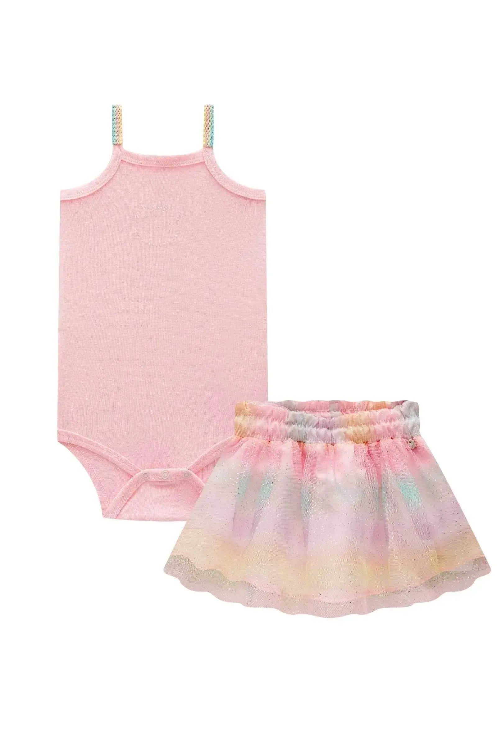 Conjunto de Body em Ribana Canelada e Saia em Tule 87079 Infanti Bebê Menina