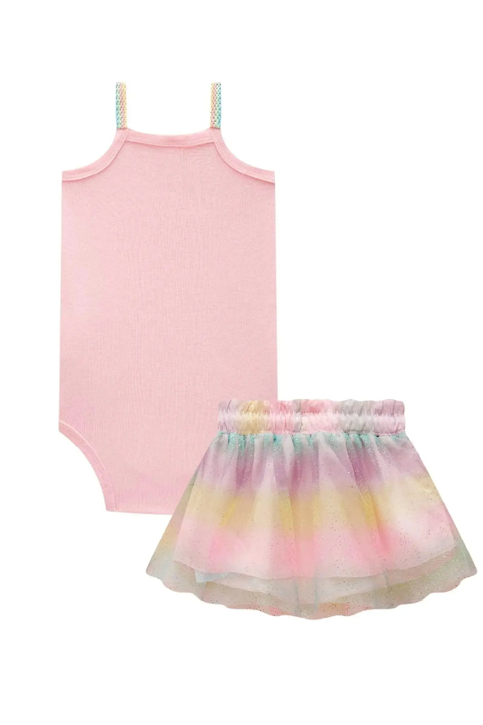 Conjunto de Body em Ribana Canelada e Saia em Tule 87079 Infanti Bebê Menina