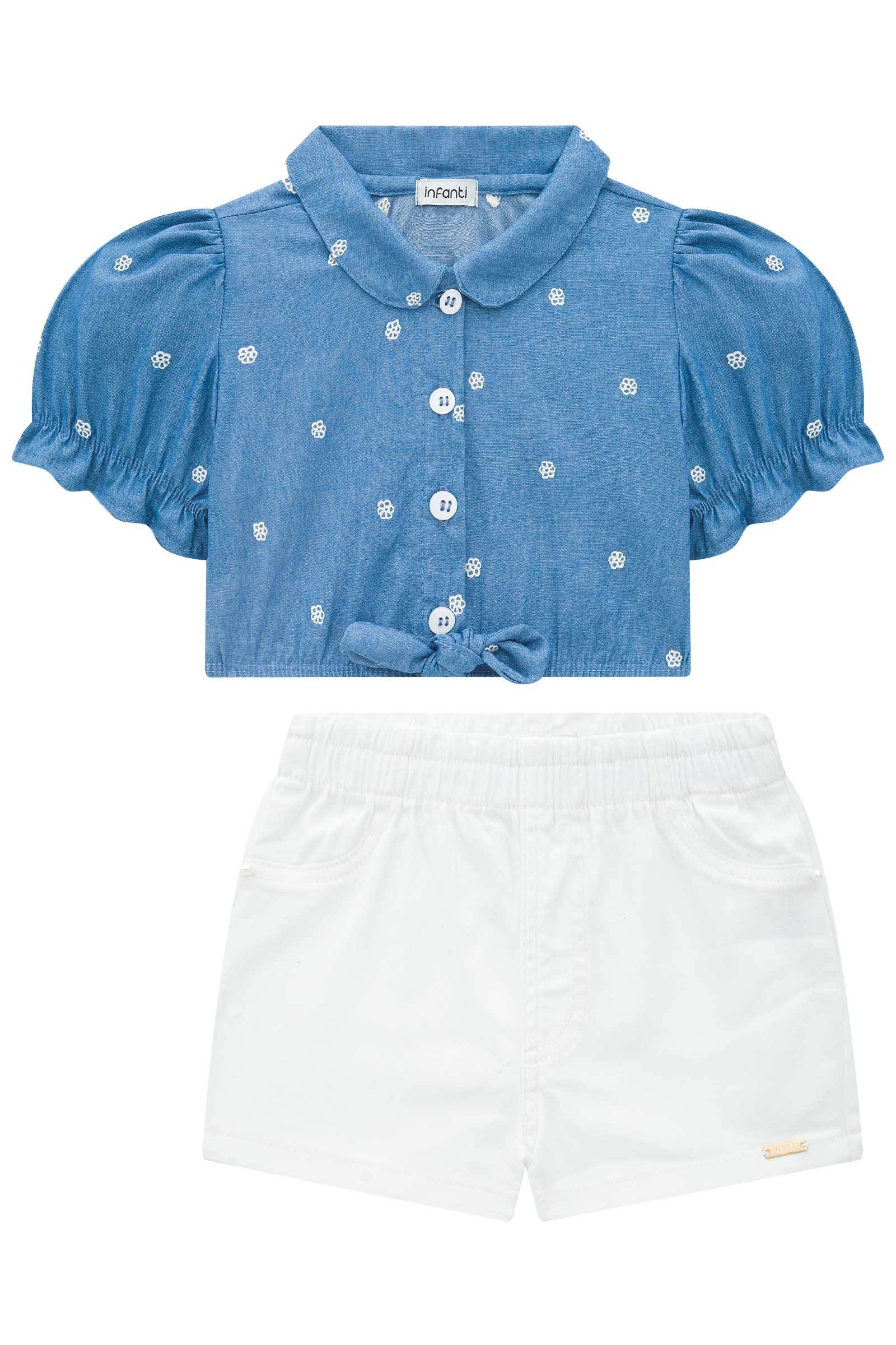 Conjunto de Camisa em Jeans Bordado Mini e Shorts em Sarja Onix com Elastano 75449 Infanti