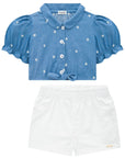 Conjunto de Camisa em Jeans Bordado Mini e Shorts em Sarja Onix com Elastano 75449 Infanti