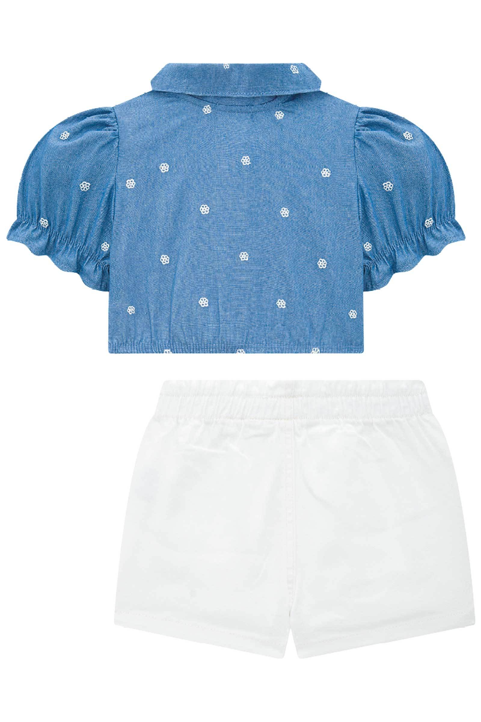 Conjunto de Camisa em Jeans Bordado Mini e Shorts em Sarja Onix com Elastano 75449 Infanti