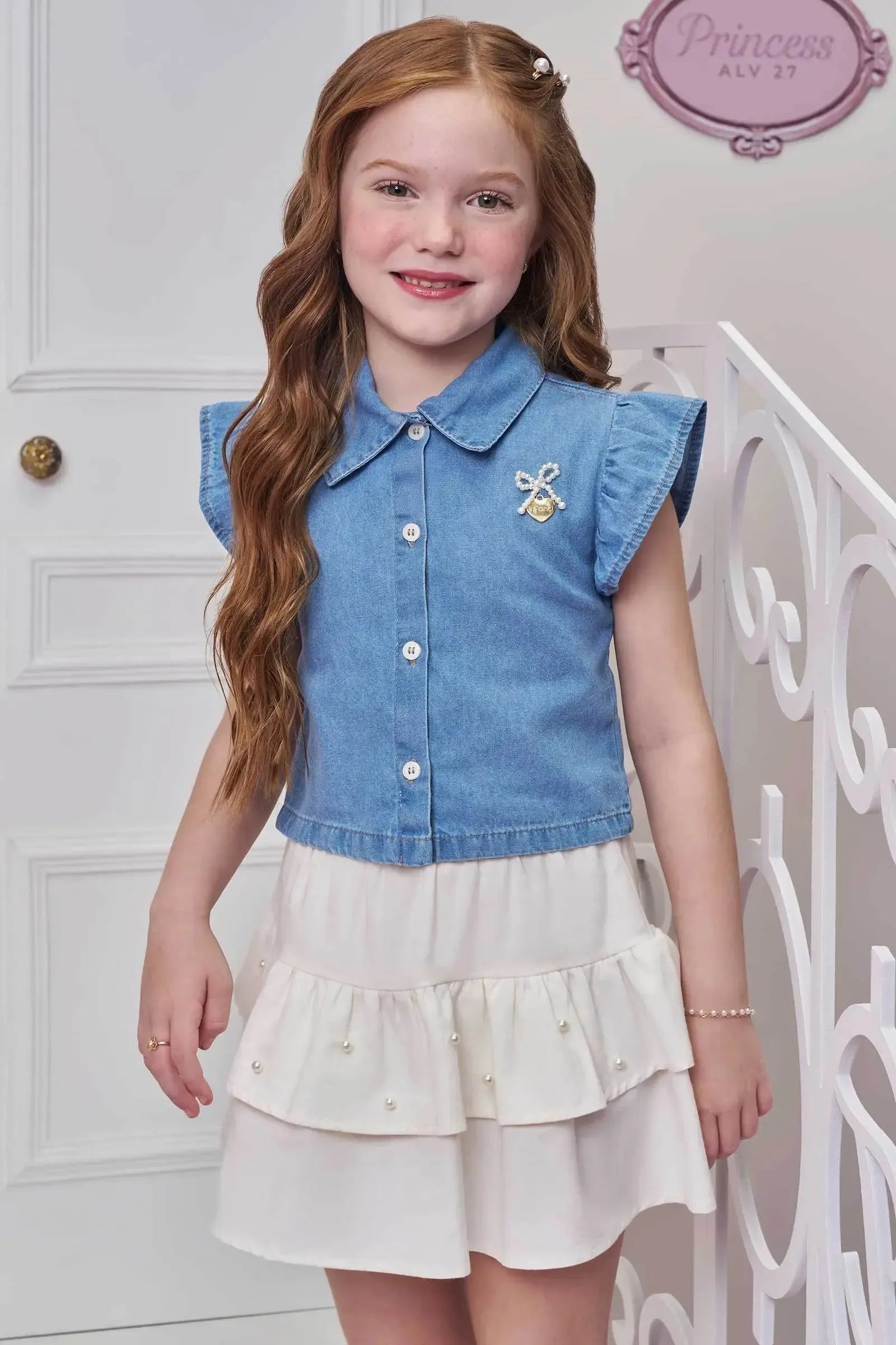 Conjunto de Camisa em Jeans e Saia em Sarja com Elastano. Com Short Embutido 98868 Infanti Infantil Menina