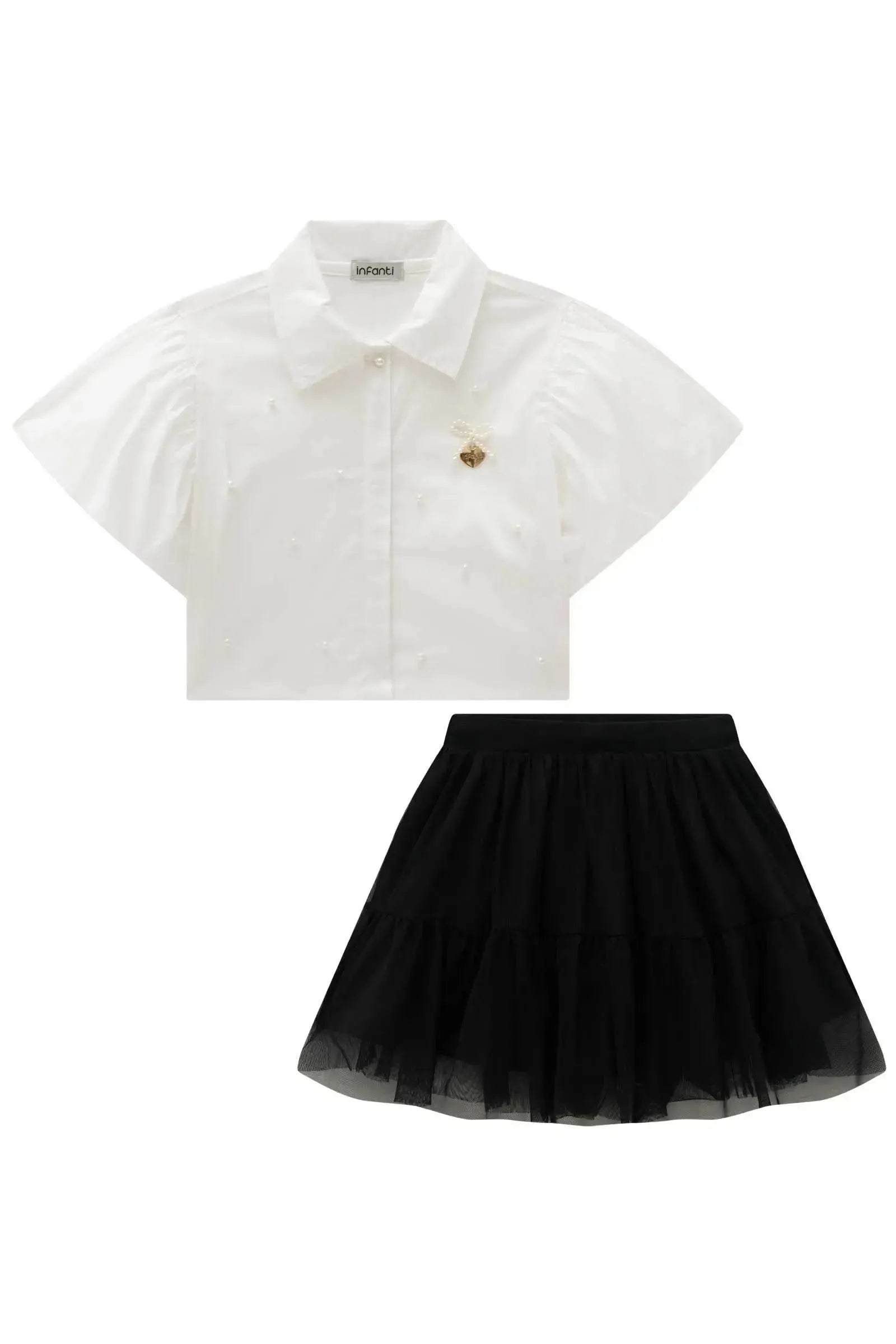 Conjunto de Camisa em Tricoline com Elastano e Saia em Tule. Com Shorts Embutido 97193 Infanti Infantil Menina