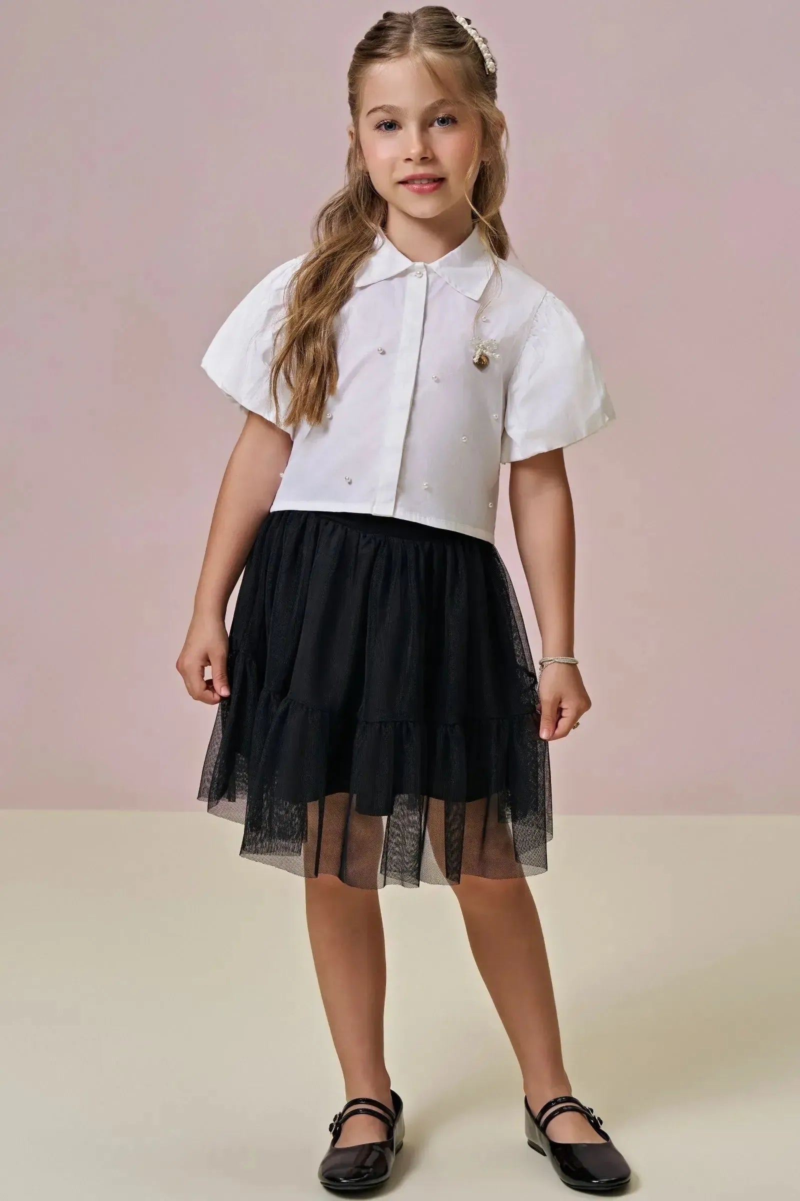 Conjunto de Camisa em Tricoline com Elastano e Saia em Tule. Com Shorts Embutido 97193 Infanti Infantil Menina