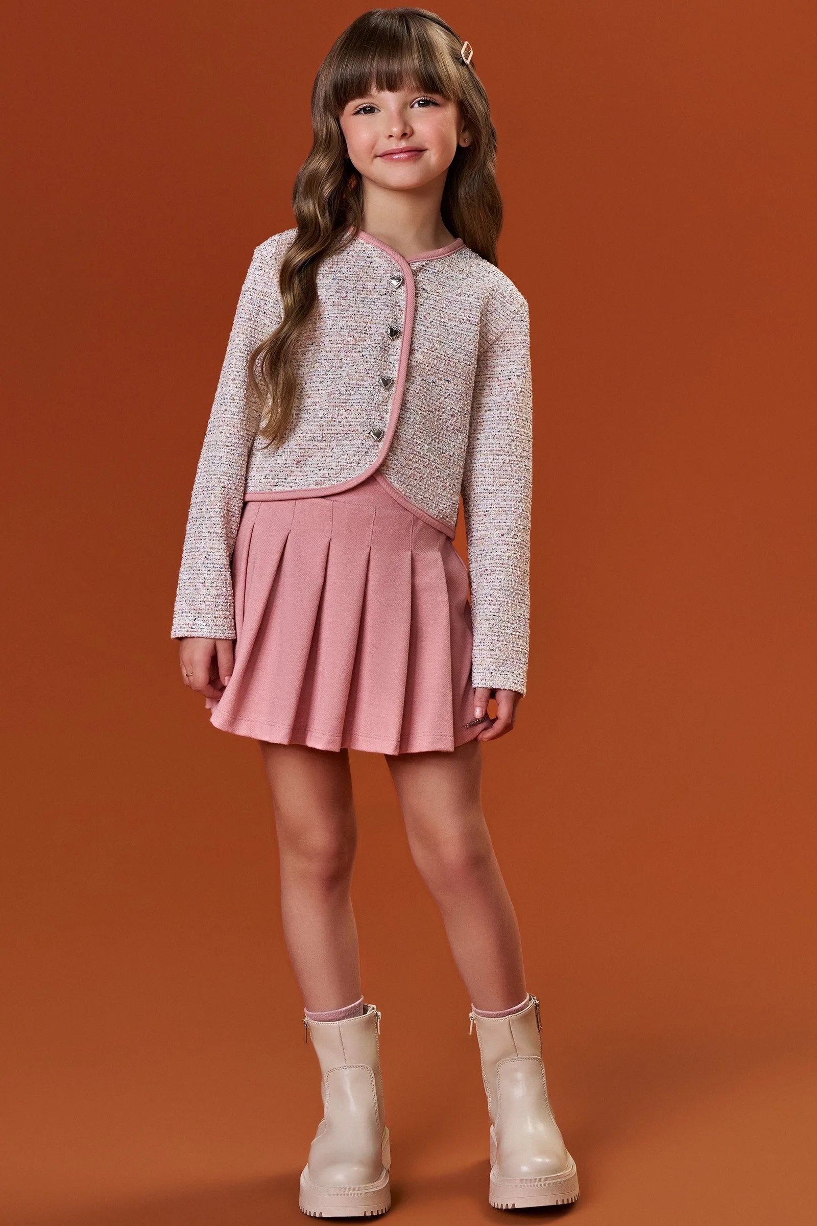 Conjunto de Casaco Boxy em Malha Tweed e Short Saia em Cotton Jeans 92330 Infanti Infantil Menina