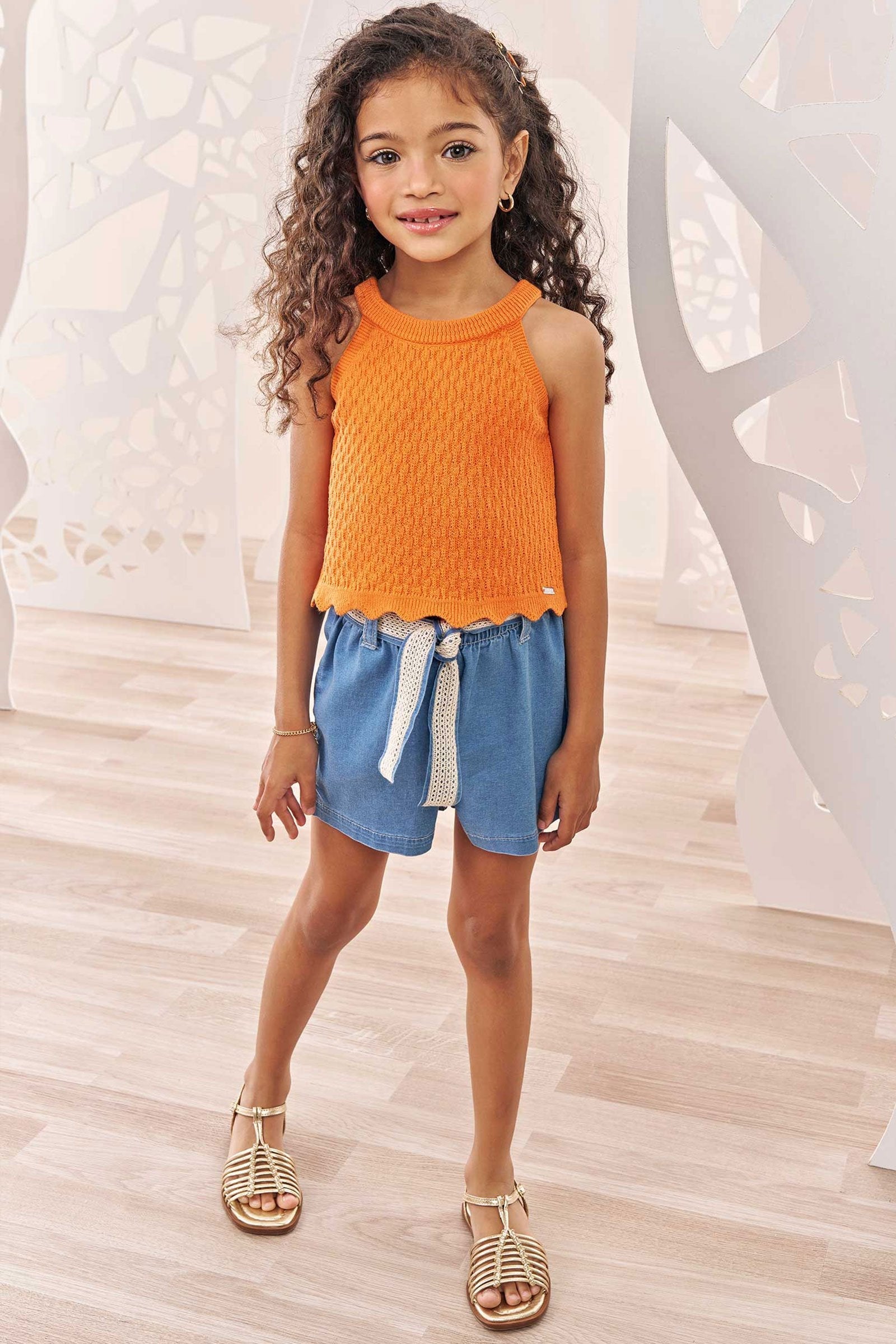 Conjunto de Cropped em Tricot com Shorts em Jeans Liz com Elastano 74333 Infanti