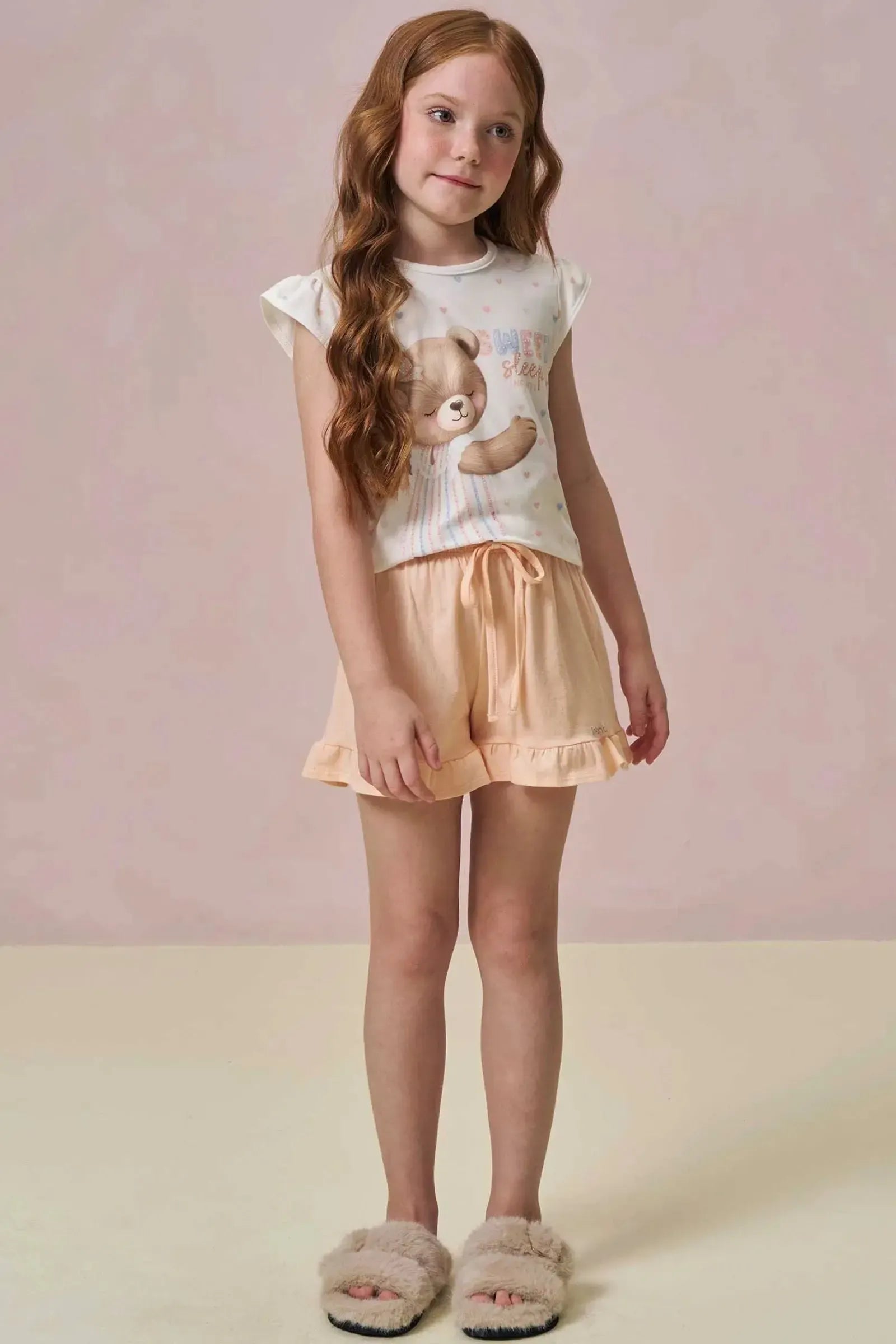 Conjunto de Pijama de Blusa em Malha Comfy com Shorts em Meia Malha 96028 Infanti Infantil Menina