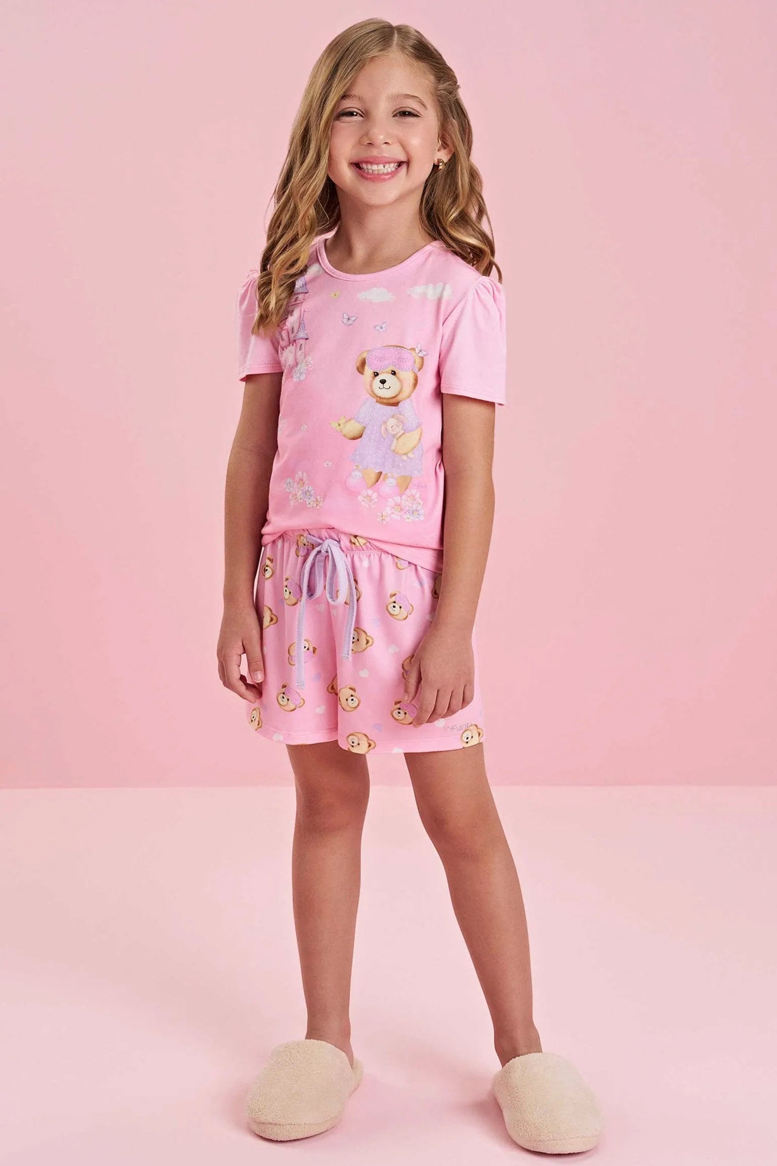 Conjunto de Pijama de Blusa em Meia Malha com Shorts e Malha Comfy 84161 Infanti Infantil Menina