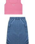 Conjunto de Regata Cropped em Malha Bubble com Saia Parachute em Jeans Liz com Elastano 76114 Infanti