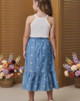Conjunto de Regata em Canelado Liz com Saia Midi em Denim Bordado 96208 Infanti Infantil Menina