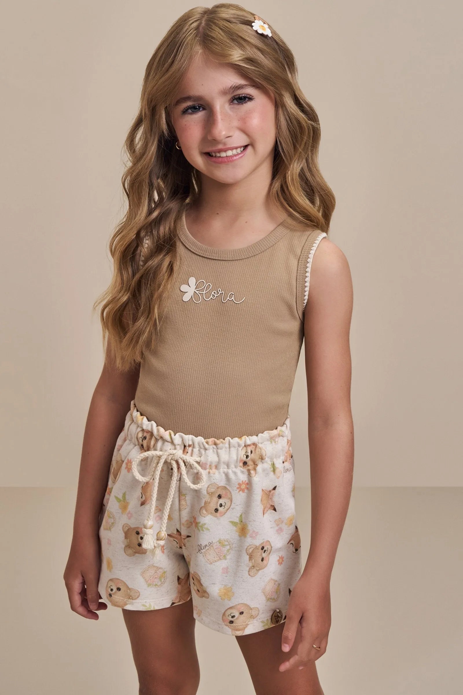 Conjunto de Regata em Canelado Liz com Shorts em Moletom sem Pelúcia 99151 Infanti Infantil Menina