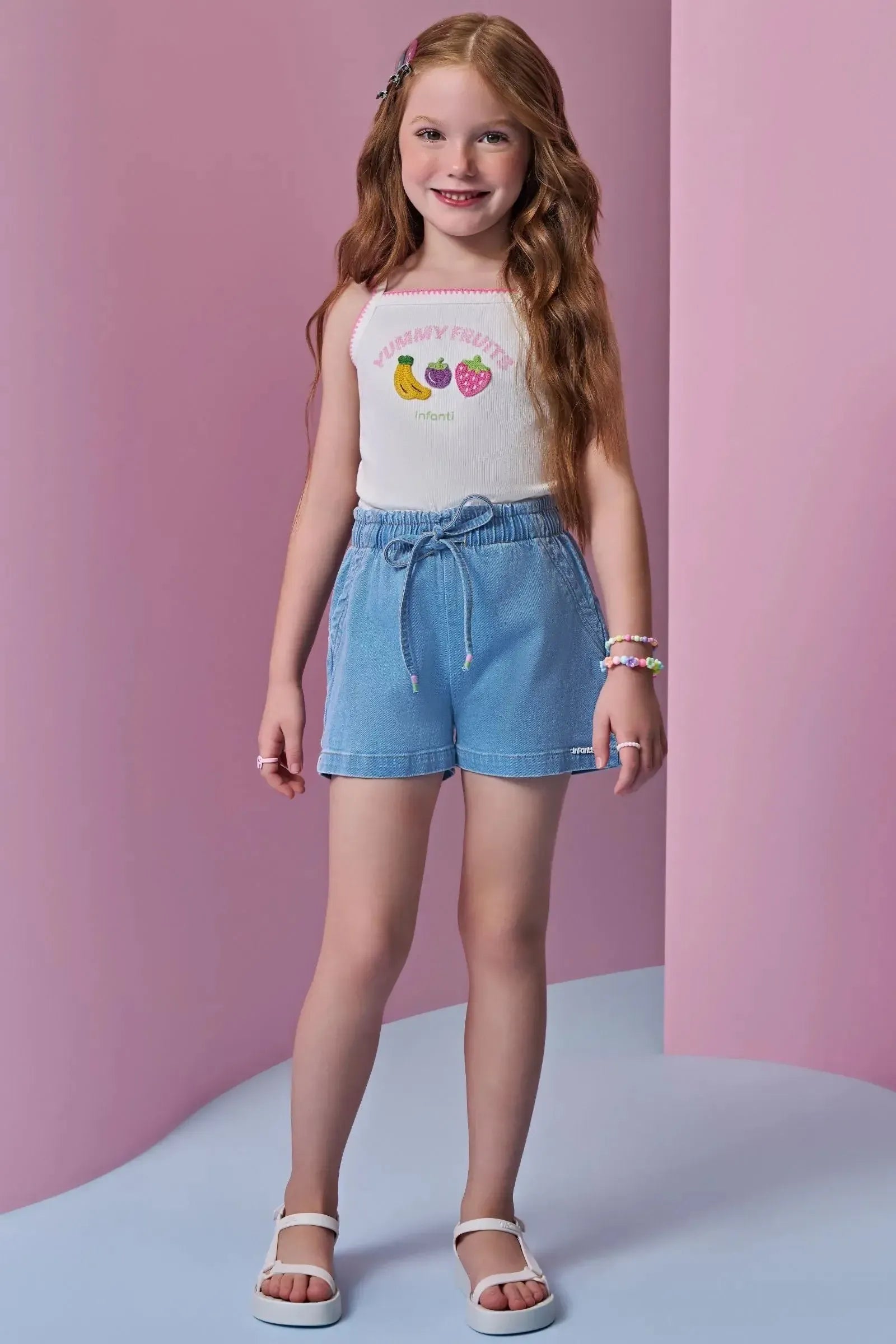 Conjunto de Regata em Canelado Liz e Shorts em Jeans com Elastano 95563 Infanti Infantil Menina