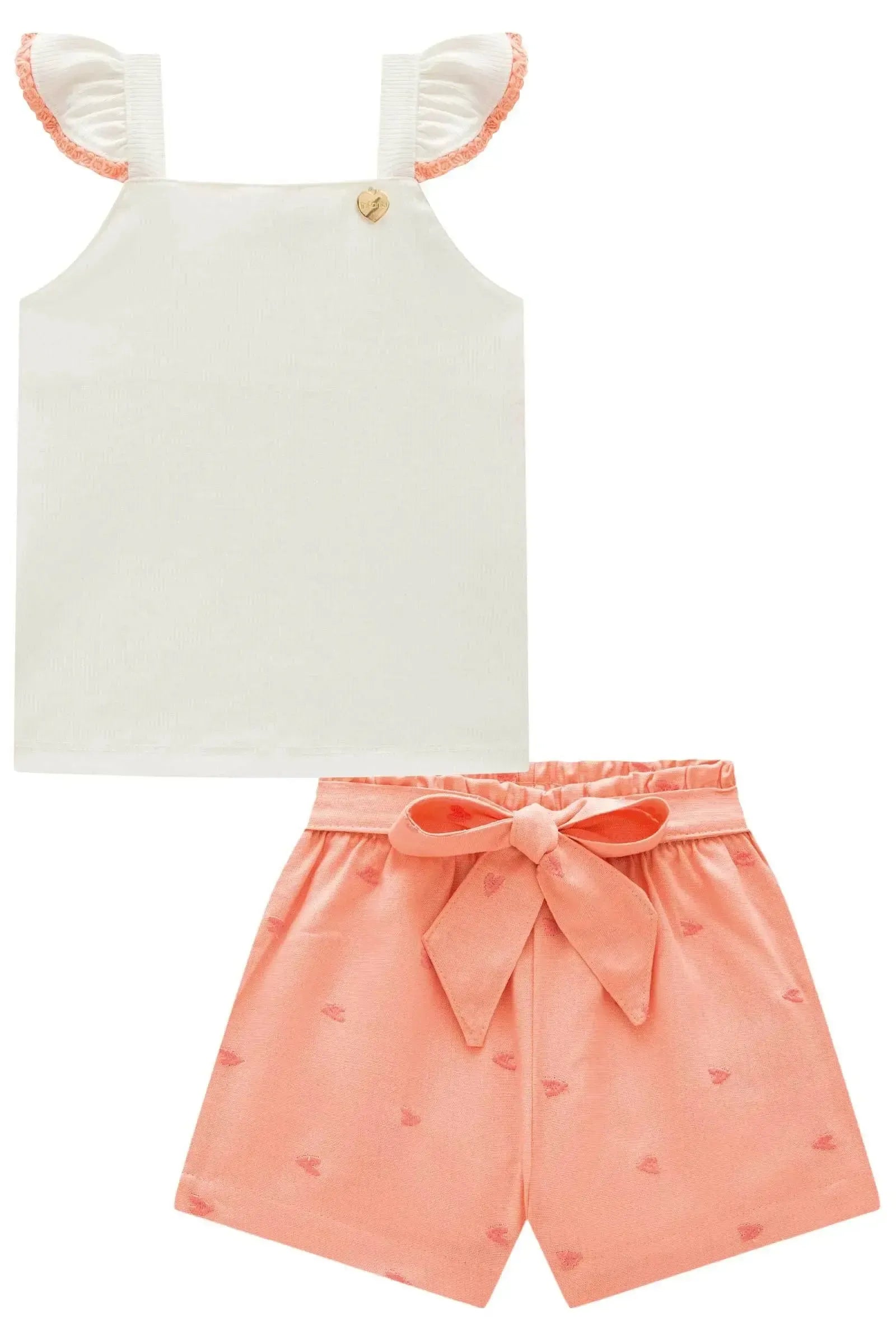 Conjunto de Regata em Canelado Liz e Shorts em Linho Bordado Corações 96652 Infanti Infantil Menina